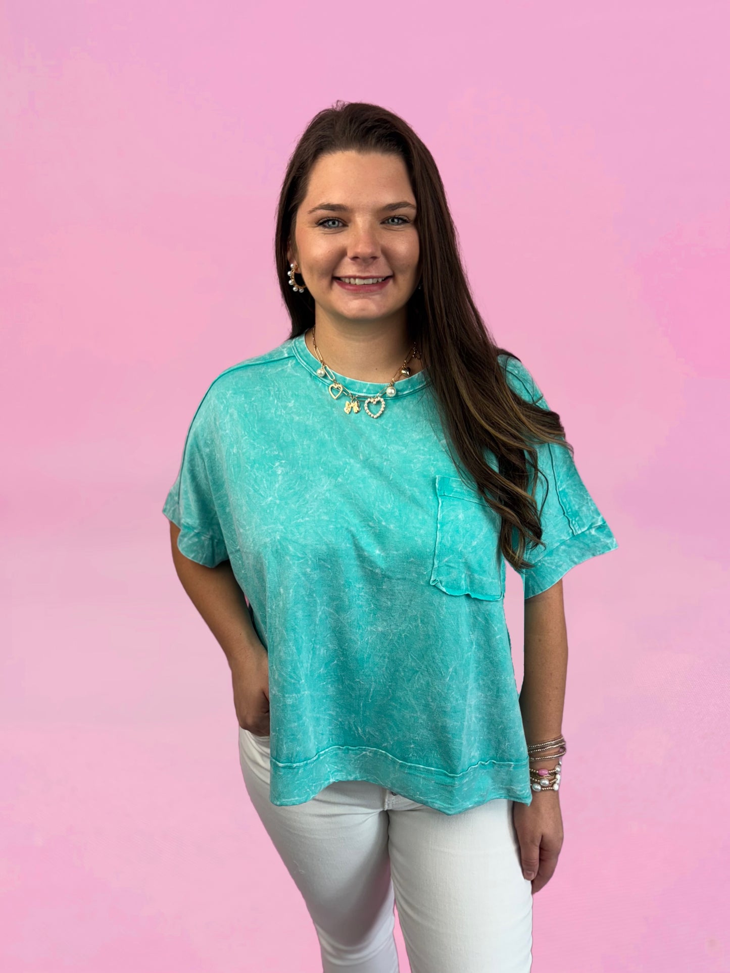 Turquoise Acid Crinkle-Washed Oversized Box Tee