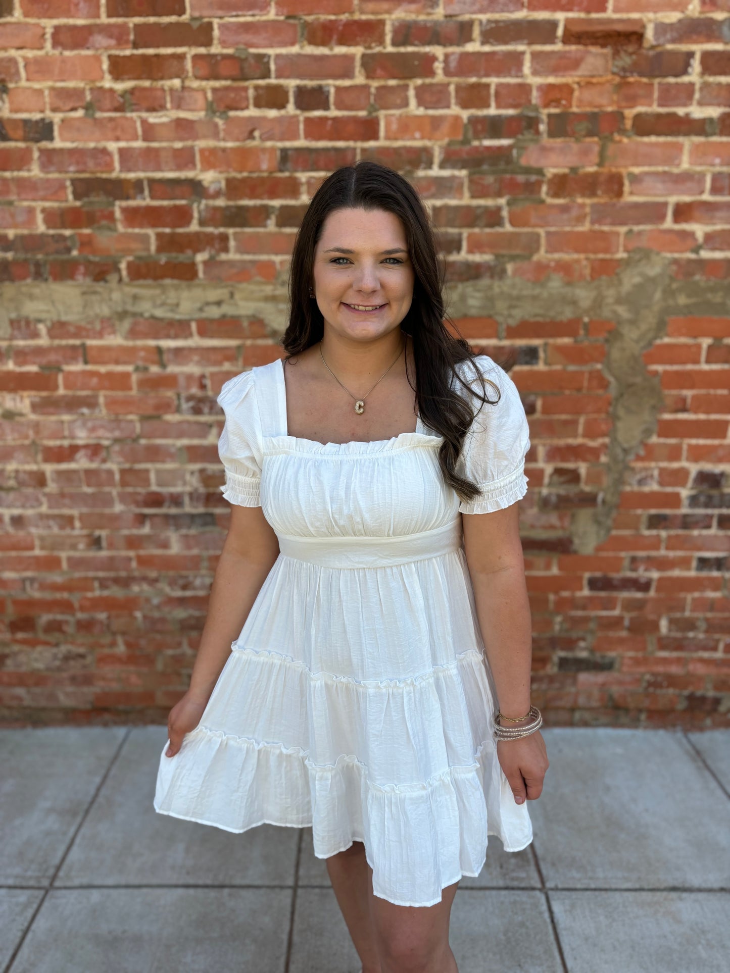 White Square Neck Smocked Detail Tiered Mini Dress