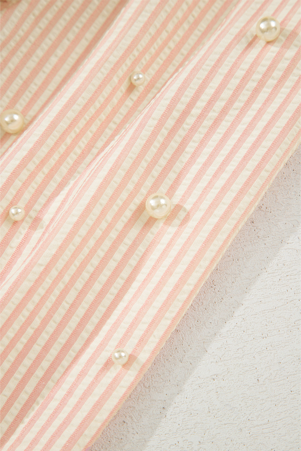 Stripe Bow Knot Cuff Pearl Embellished Puff Sleeve V Neck Blouse (Warehouse Exclusives - Online only!)