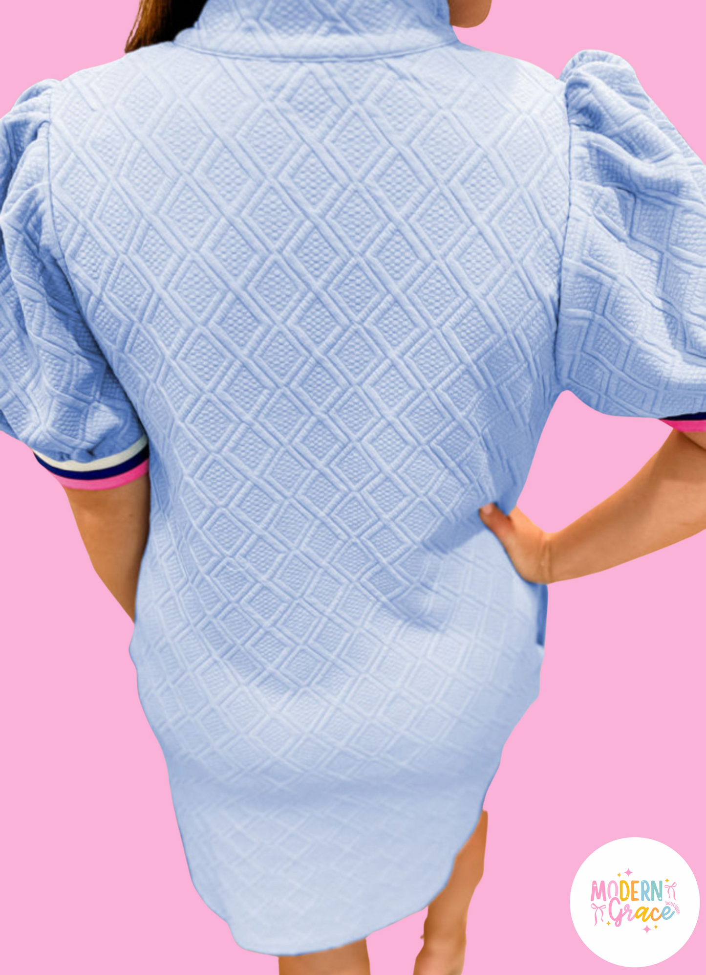Curvy Beau Blue Contrast Striped Trim Zipped Stand Collar Textured Puff Sleeve Plus Size T Shirt Dress (Warehouse Exclusives)