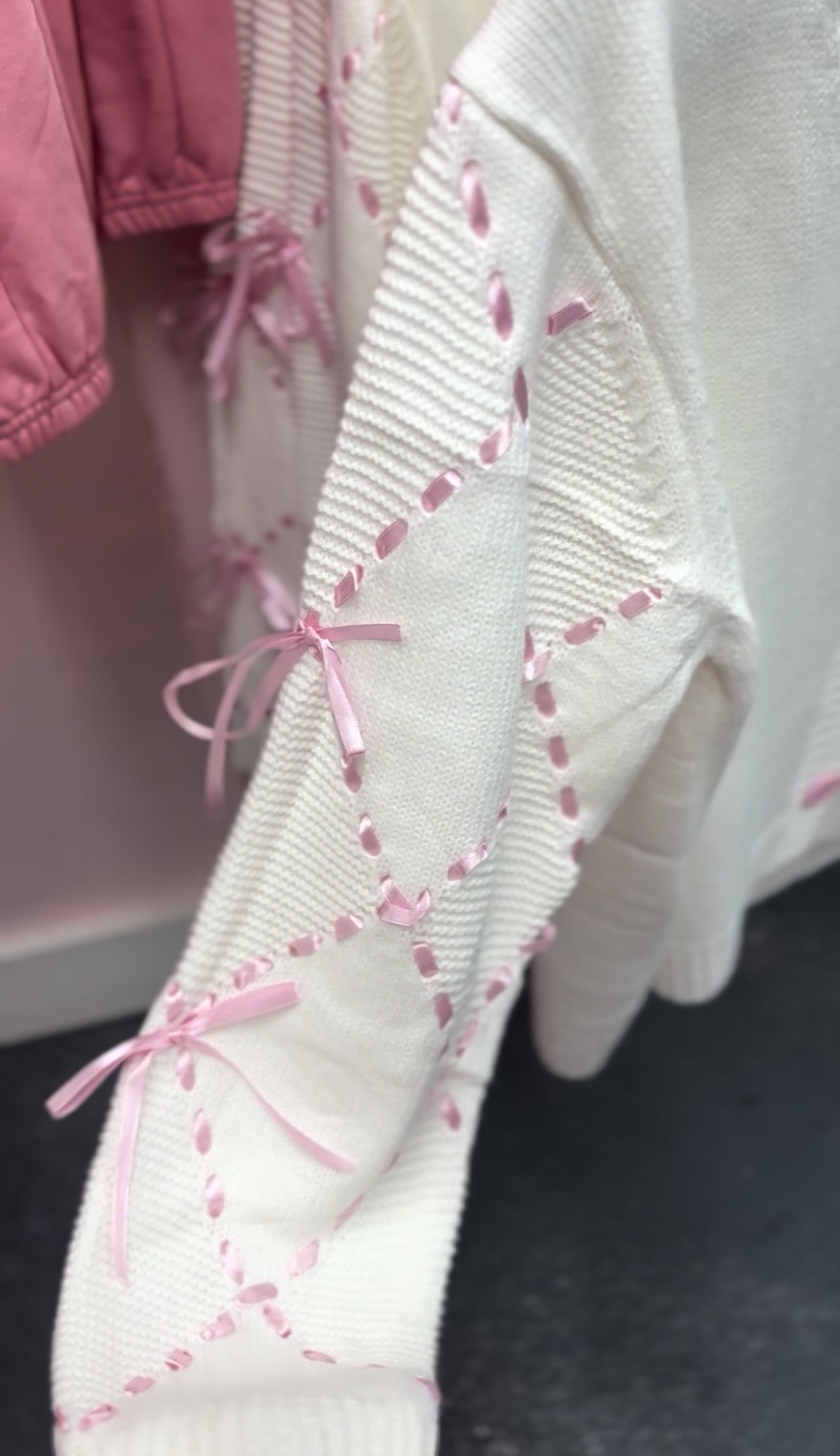 White and Pink Hand Sewn Satin Ribbon Detail On Sleeve Cardigan