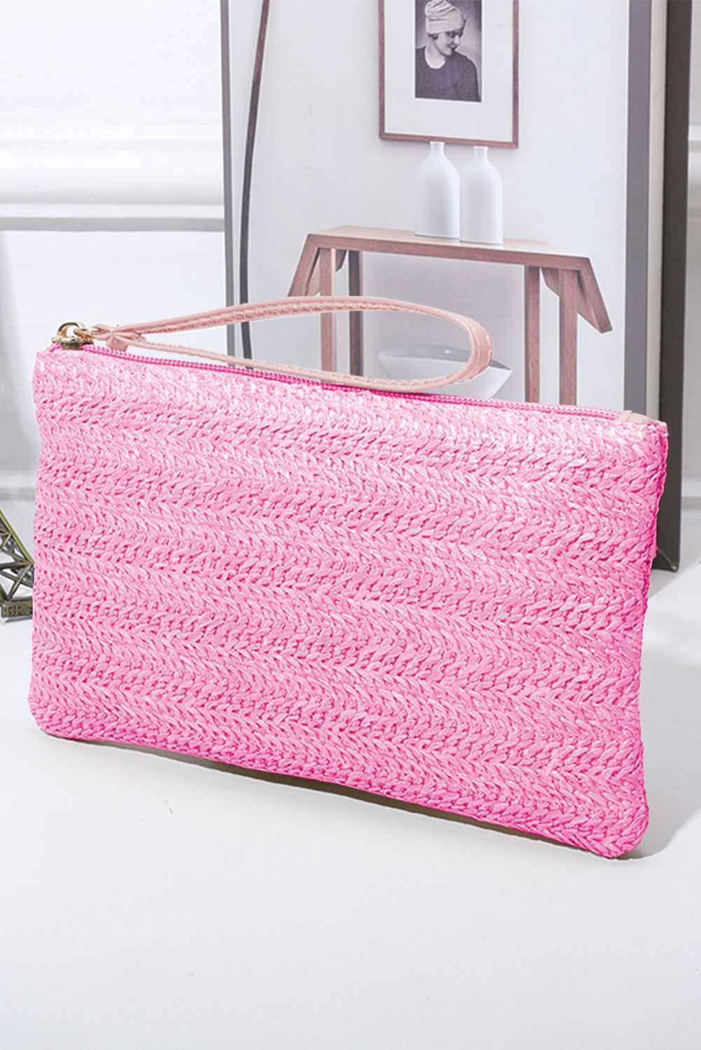 Pink Coastal Straw Zip Wallet