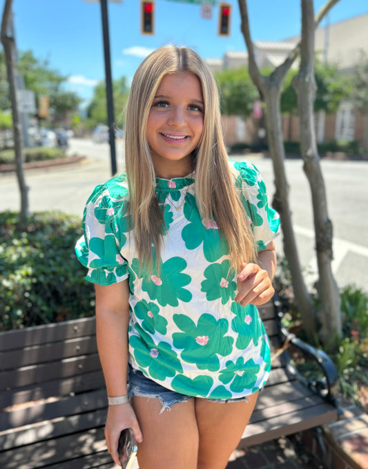 Green Floral Puff Sleeve Frill Neckline Blouse