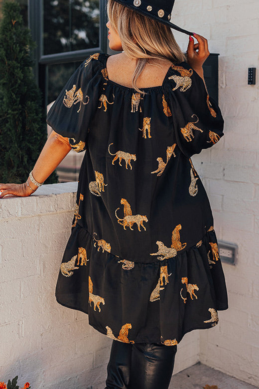 Curvy Black Cheetah Print Puff Sleeve Ruffle Dress