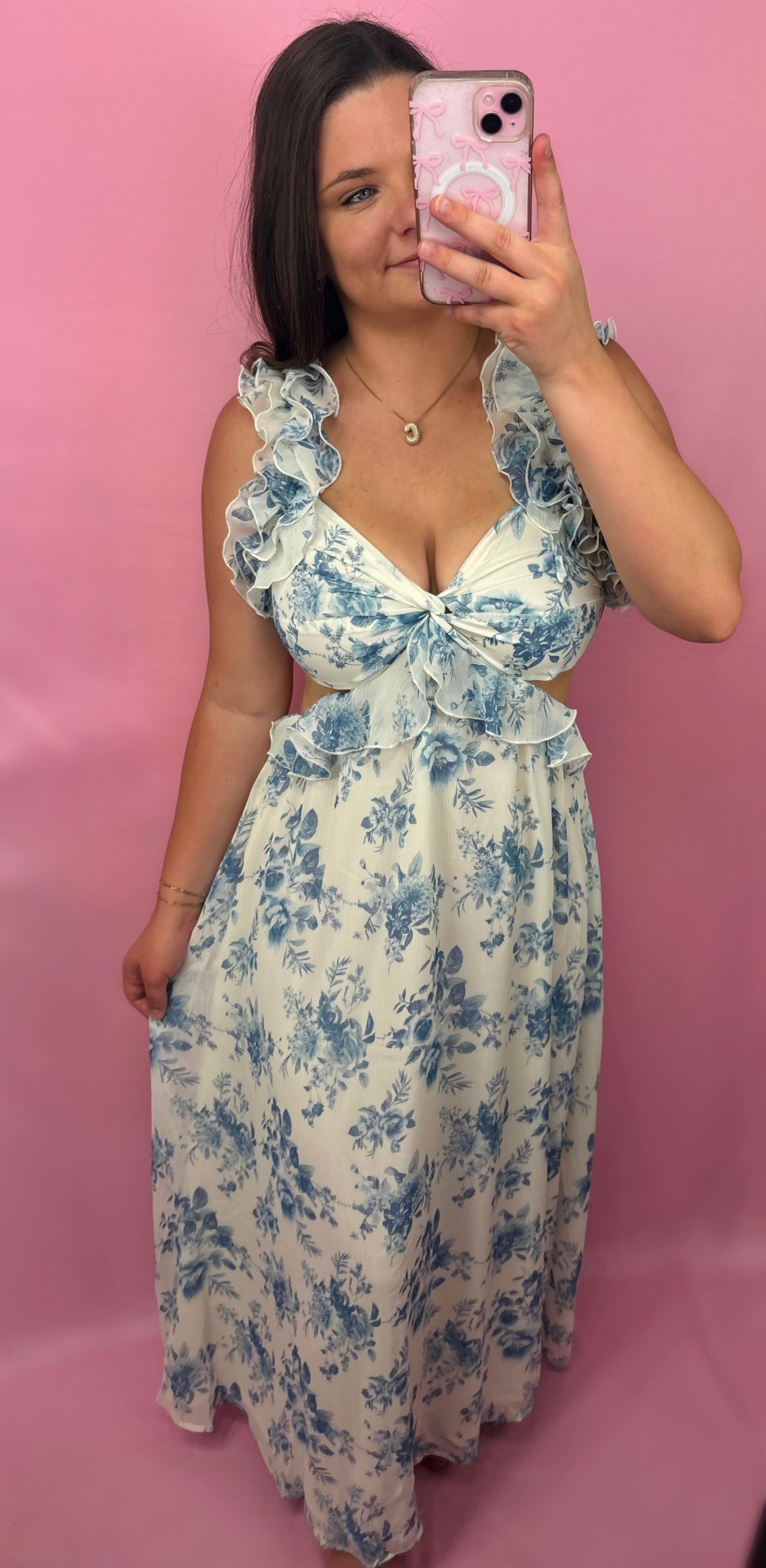 Blue Floral Pattern Ruffle Detail Cutout Midi Dress