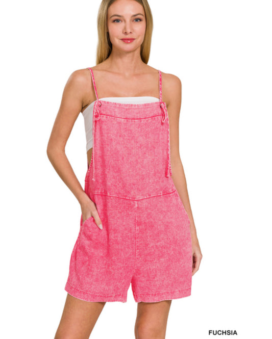 WASHED LINEN KNOT STRAP ROMPERS