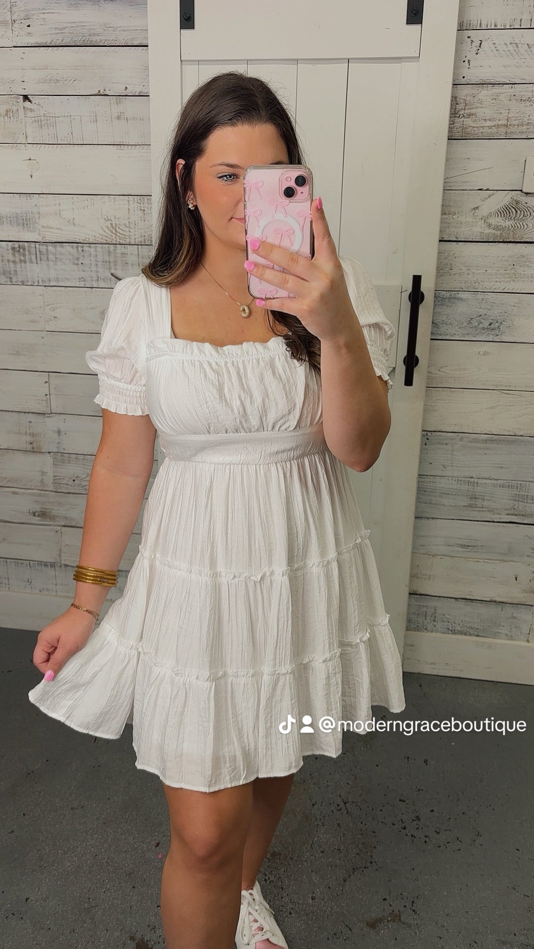White Square Neck Smocked Detail Tiered Mini Dress