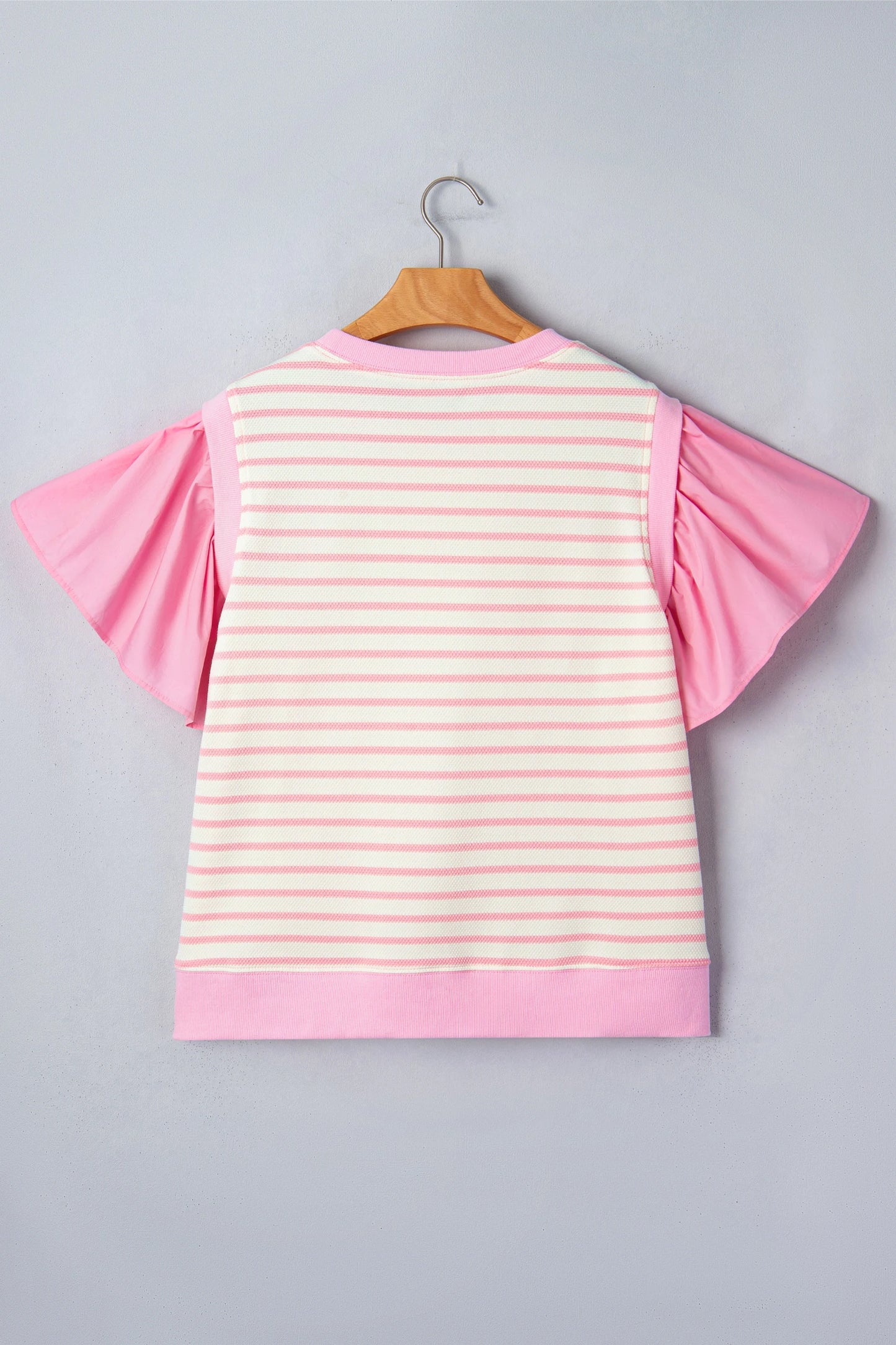 Pink striped colorblock ruffle short sleeve blouse by Modern Grace, featuring patchwork design and feminine styling.
