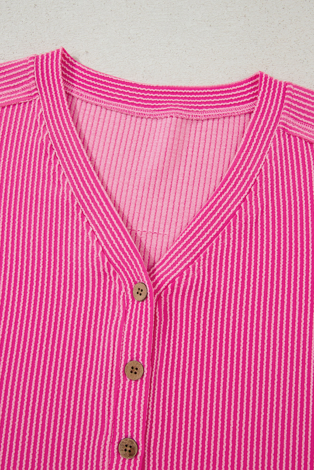 Bright Pink Spiral Ribbed Short Sleeve V Neck Buttoned Romper with Pocket (Warehouse Exclusives)