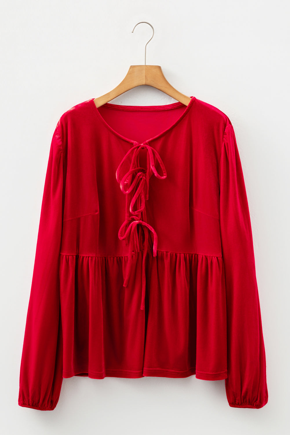 CURVY Red Clay Plus Size Tie Front Velvet Peplum Blouse (Warehouse Exclusives - Online only!)