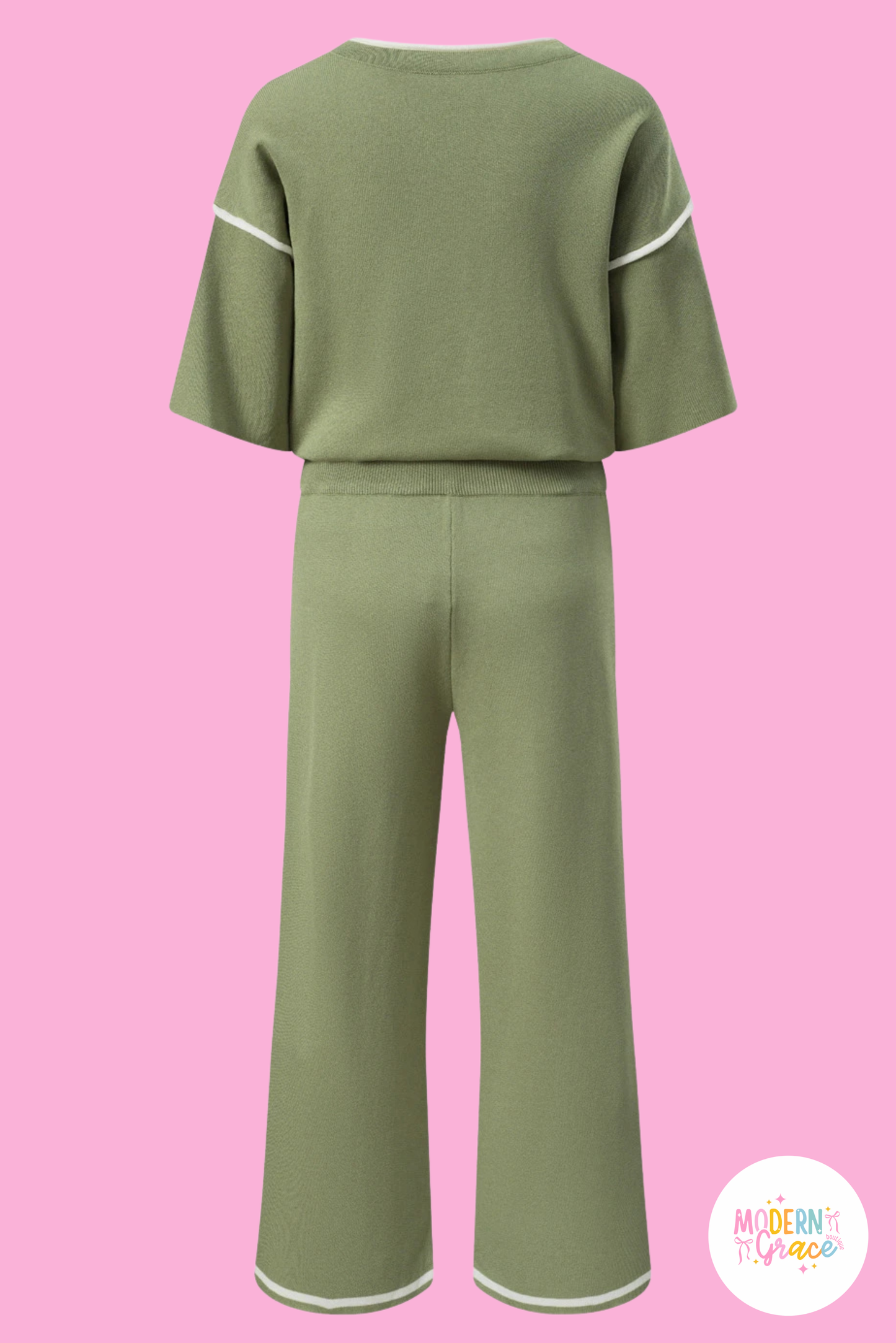 Green Contrast Trim Half Sleeve Top Drawstring Pants Loose 2pcs Sweater Suit