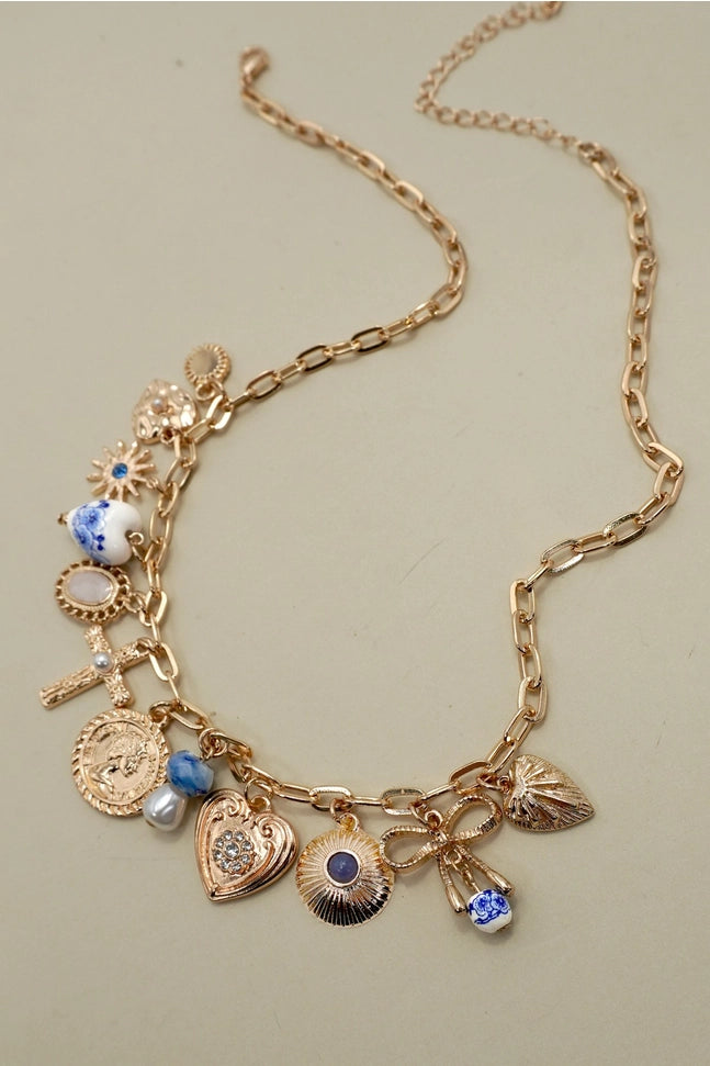 Charm Necklace-Porcelain Hearts Cross Necklace