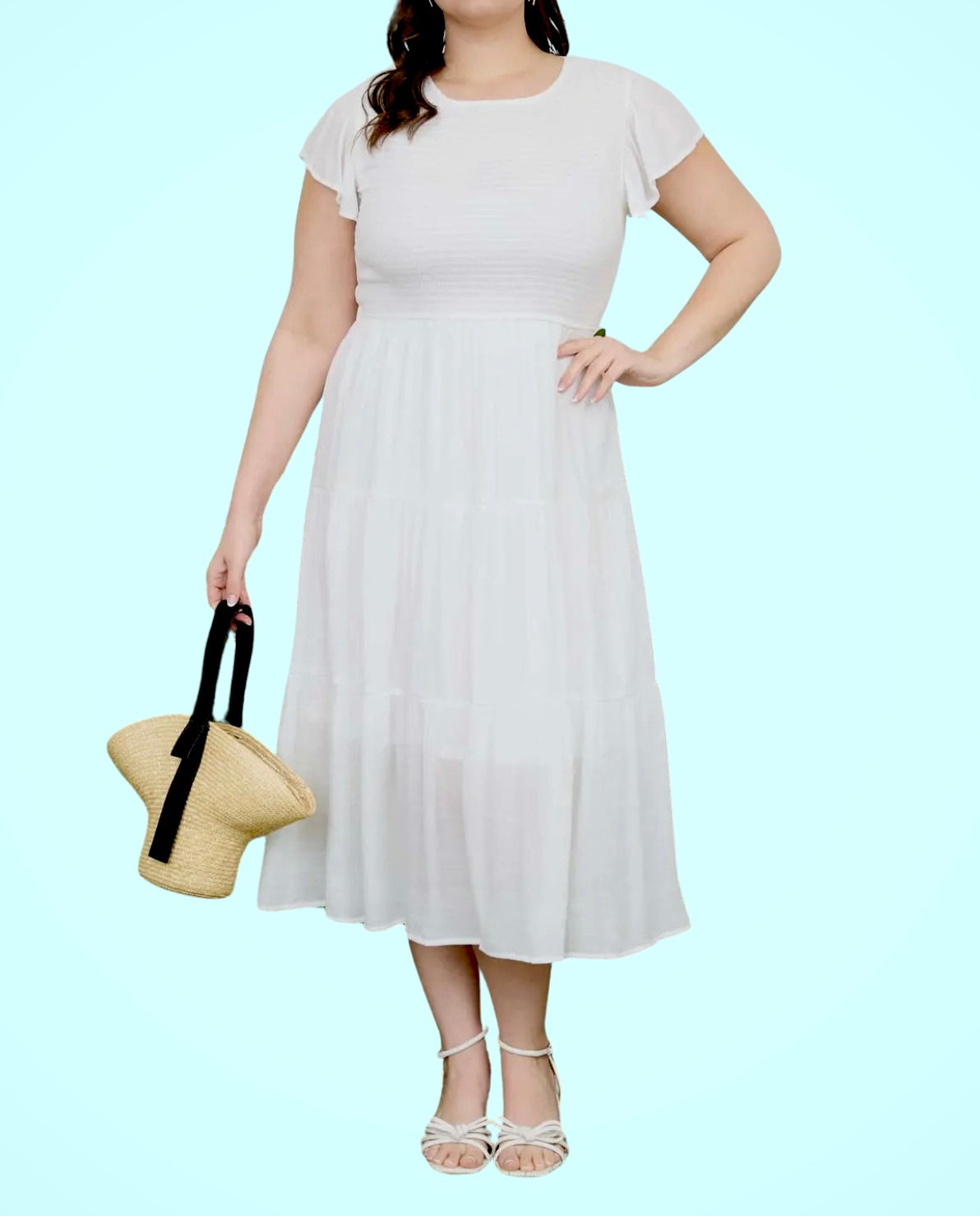CURVY White Smocked Midi Dress (We recommend sizing up)