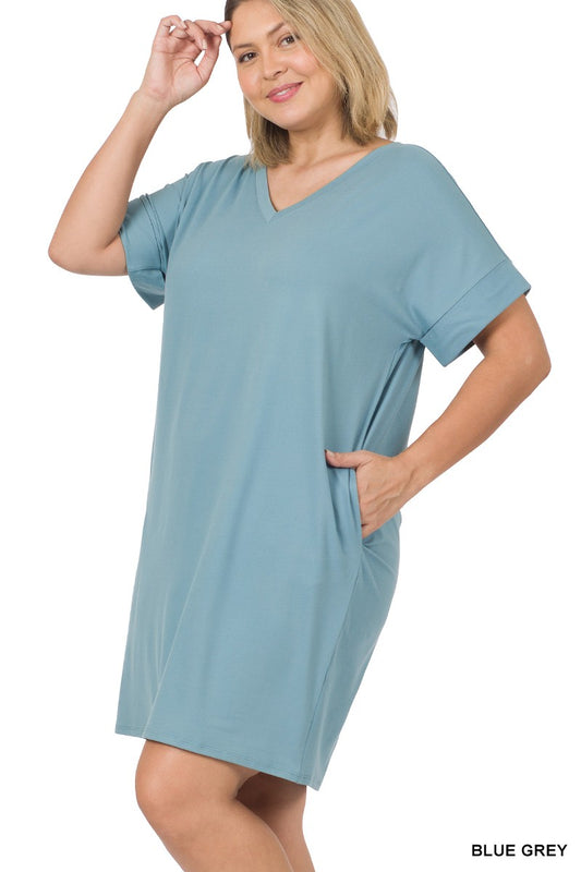 Curvy Blue Grey Soft V Neck T-Shirt Dress