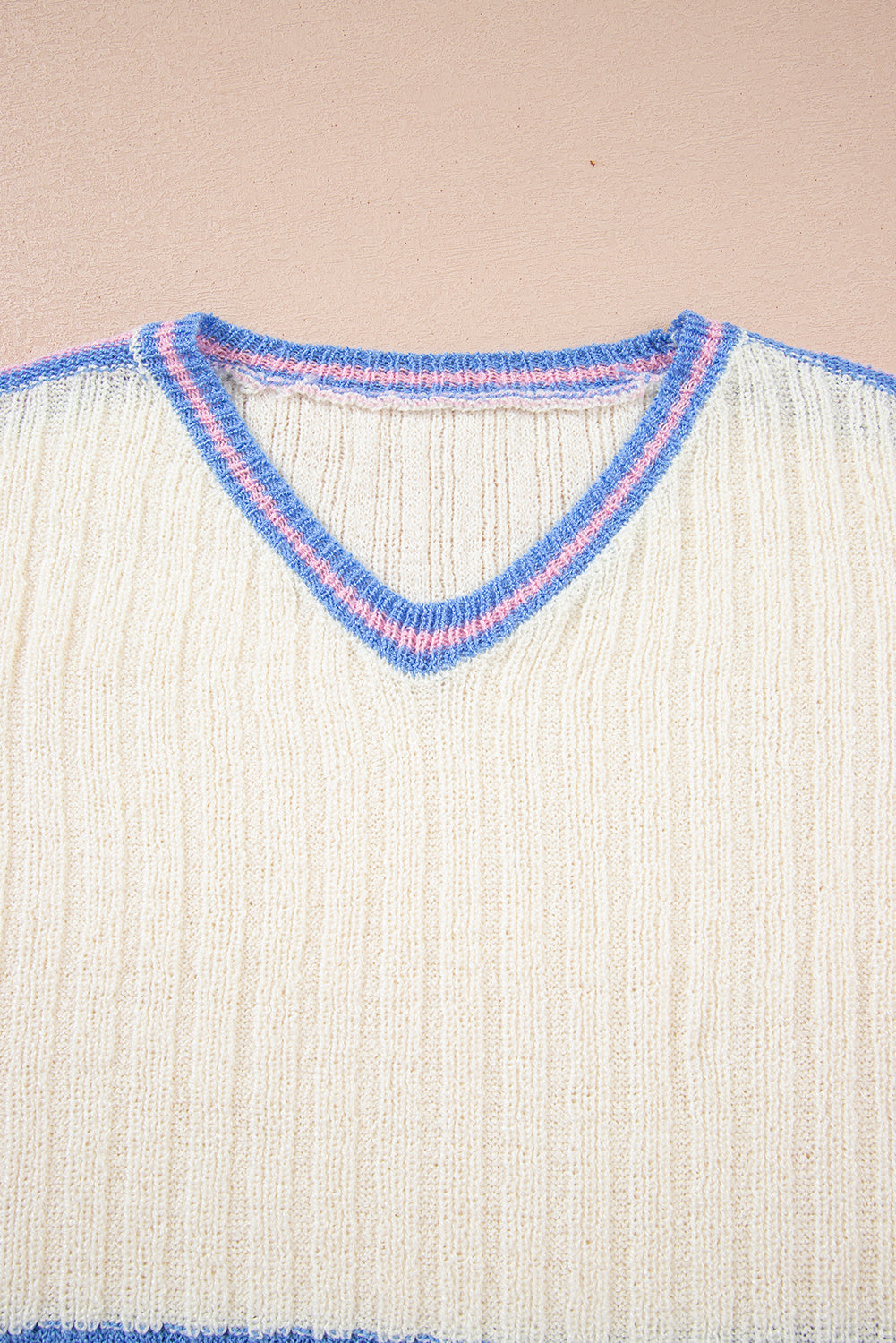White Striped V Neck Dolman Sleeve Rib Knit Oversized Sweater with Slits (Warehouse Exclusives)