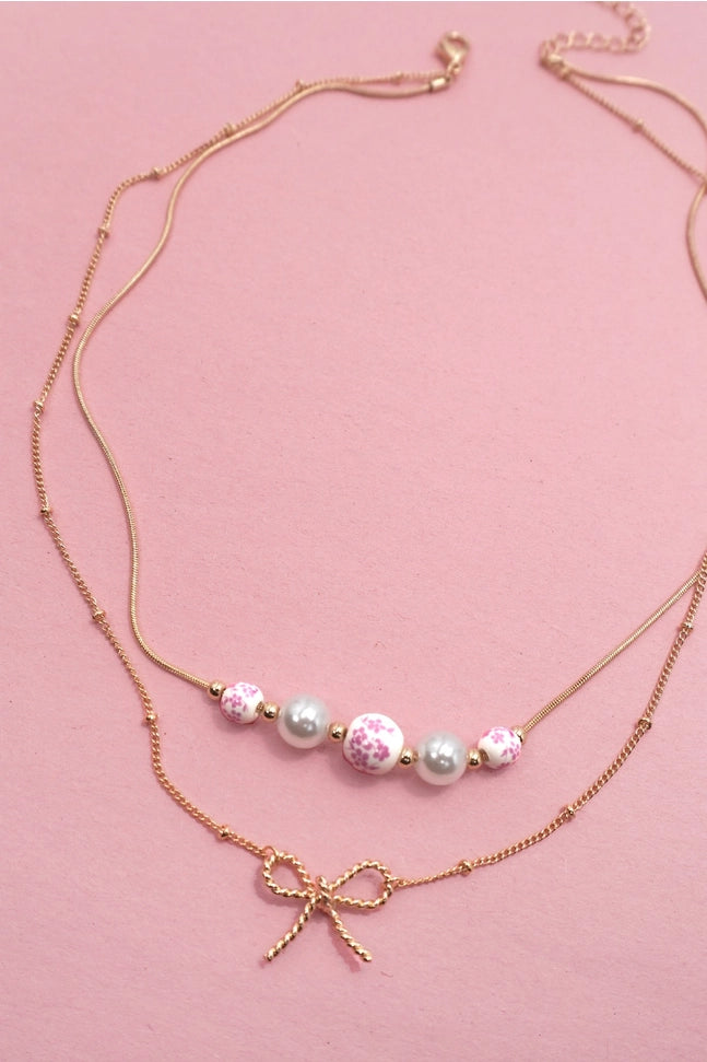 Pink Ceramic Porcelain Pearl Bow Layer Necklace