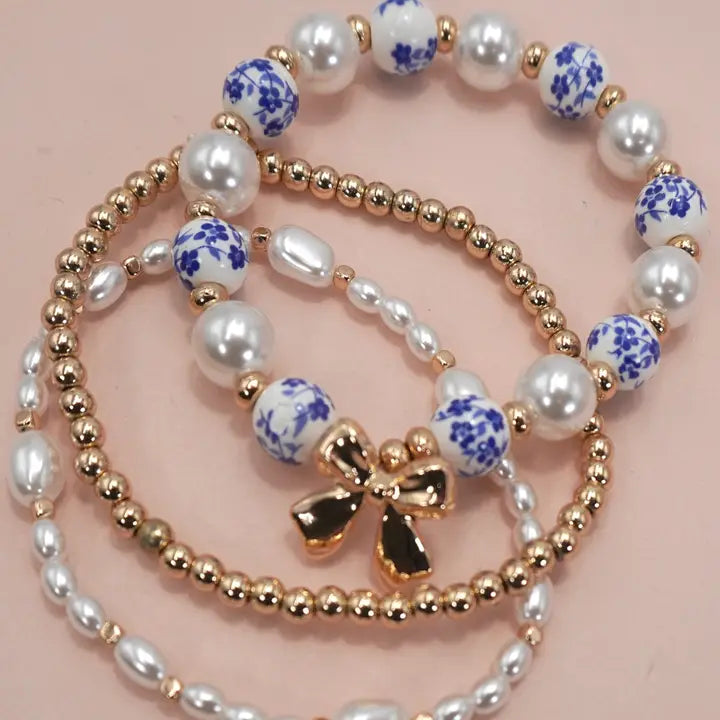 Blue Ceramic Porcelain Bow Multi-Layer Bracelet