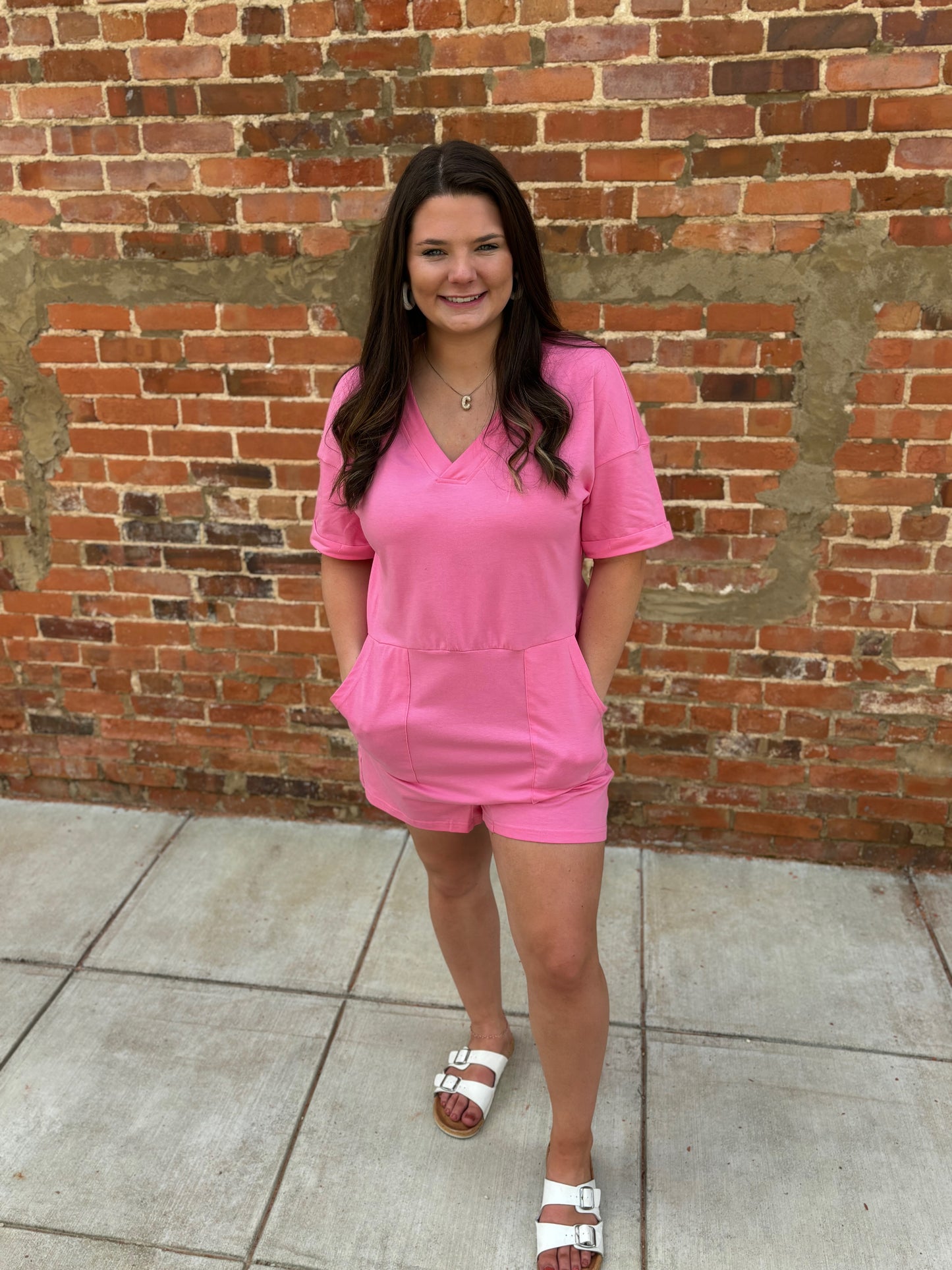 Pink V Neck Pocket Romper