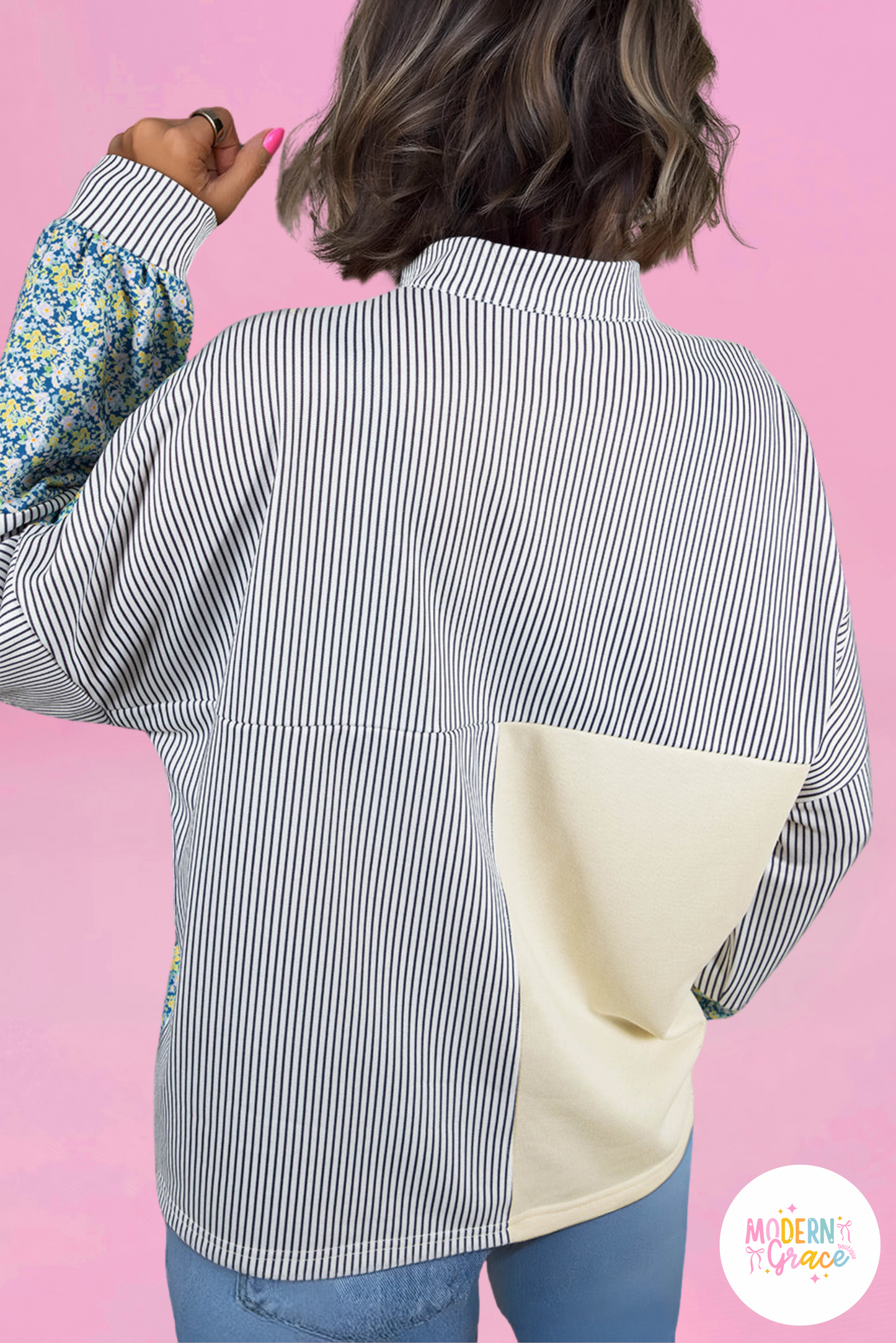 Beige Floral Striped Drop Sleeve Collared Boxy Fit Sweatshirt (Warehouse Exclusives - Online only)
