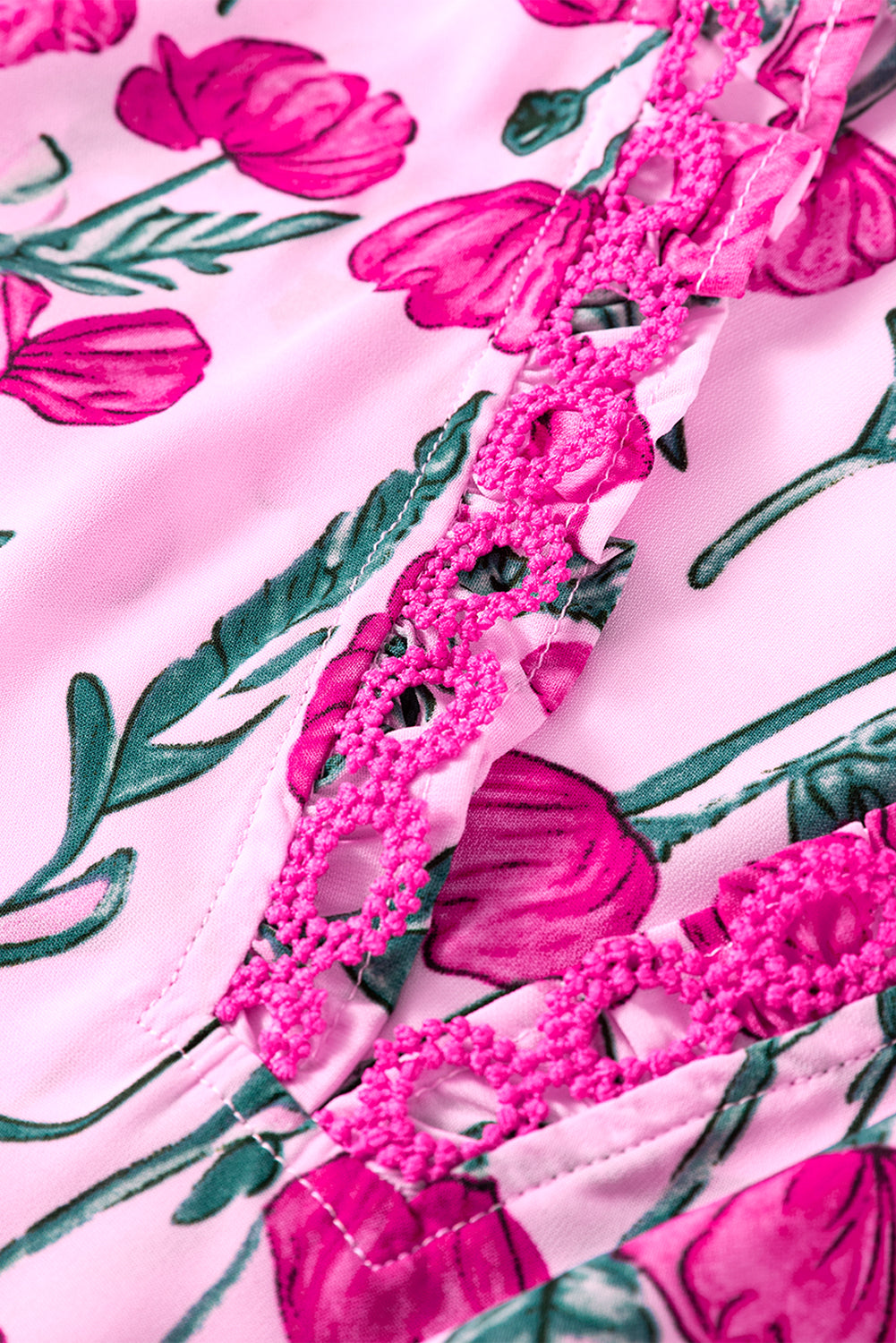 Pink Floral Lace Detail Frilled V Neck Summer Blouse (Warehouse Exclusives)