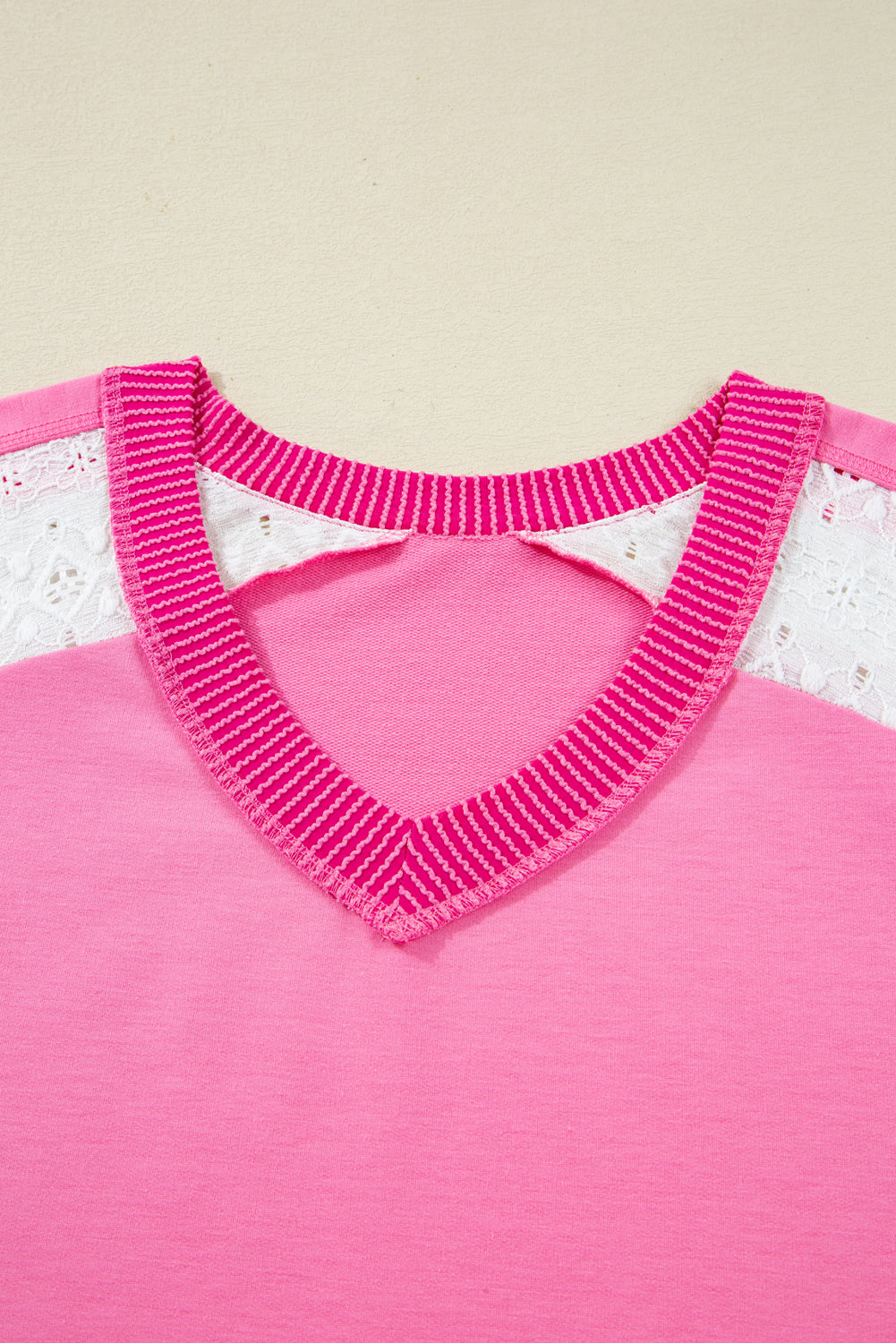Bonbon Pink Lace Striped Patchwork Long Sleeve Corded V Neck Plus Size Top (Warehouse Exclusives)