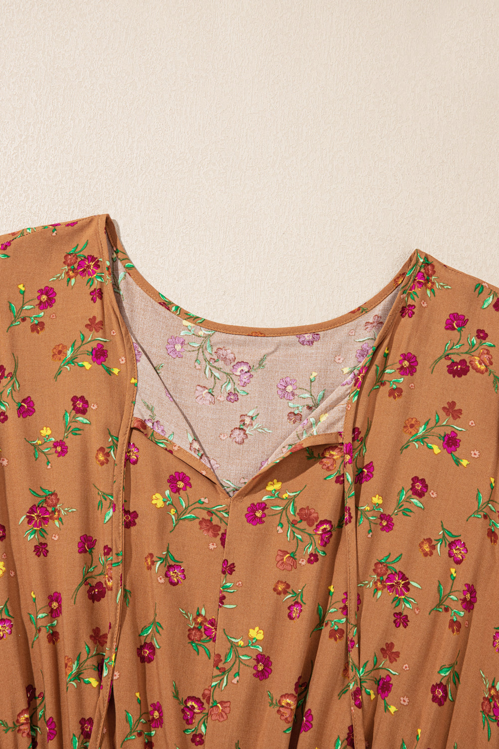 Brown Plus Size Floral Split V Neck Ruffled Sleeve Tiered Maxi Dress (Warehouse Exclusives - Online only)
