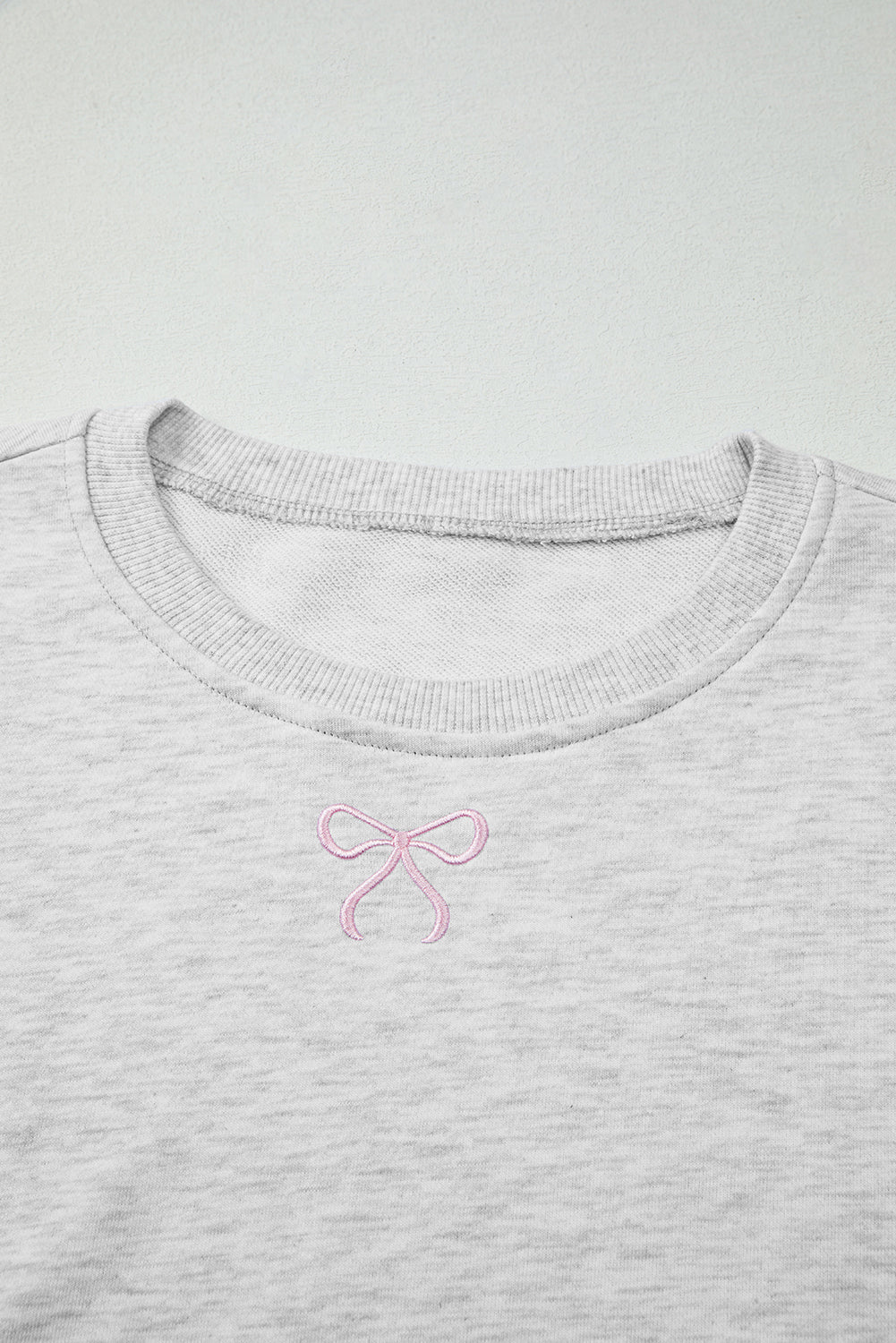 Light Grey Bow Embroidered Detail Puff Sleeve Pullover 2pcs Short Set (Warehouse Exclusives)