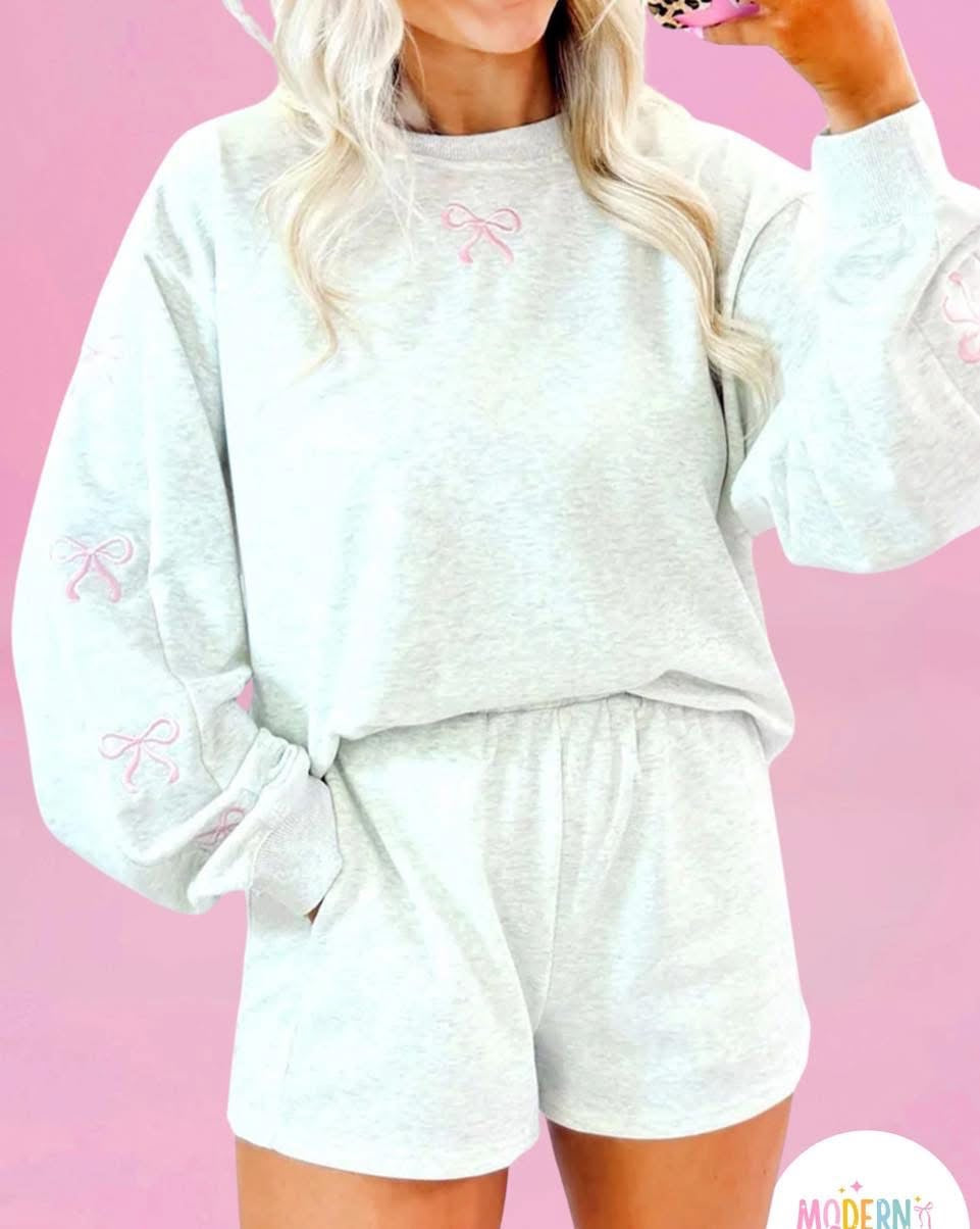 Light Grey Bow Embroidered Detail Puff Sleeve Pullover 2pcs Short Set (Warehouse Exclusives)
