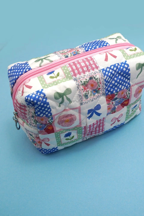 Bow Quilted Cotton Floral Cosmetic Pouch Bag