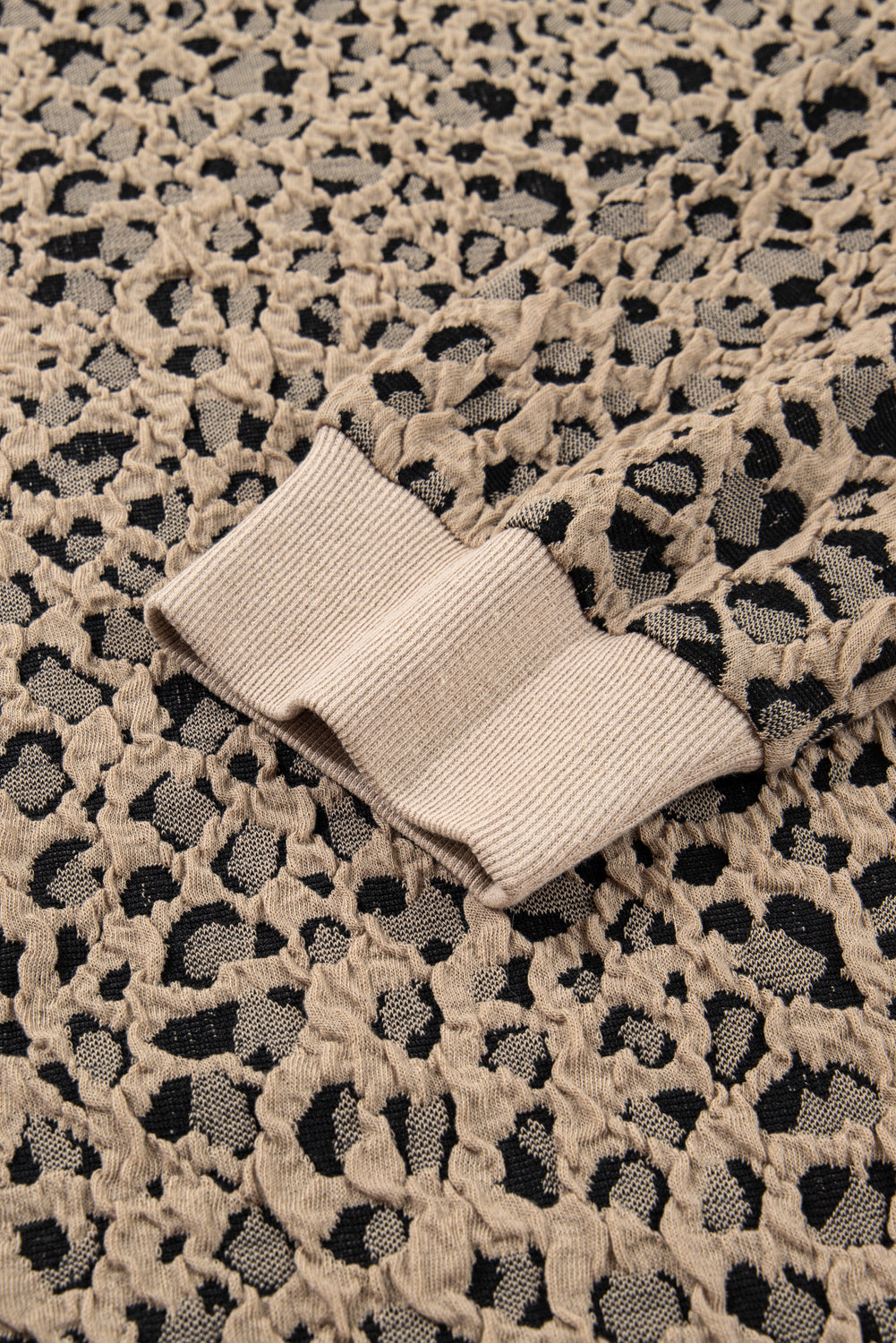Khaki Leopard Textured Ribbed Trim Plus Size Long Sleeve Top (Warehouse Exclusives)