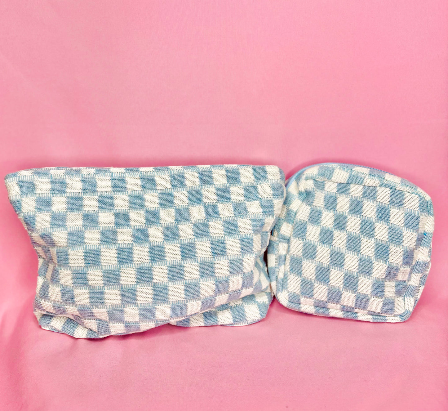 Blue Checkered Cosmetic Makeup Pouch Clutch Bag