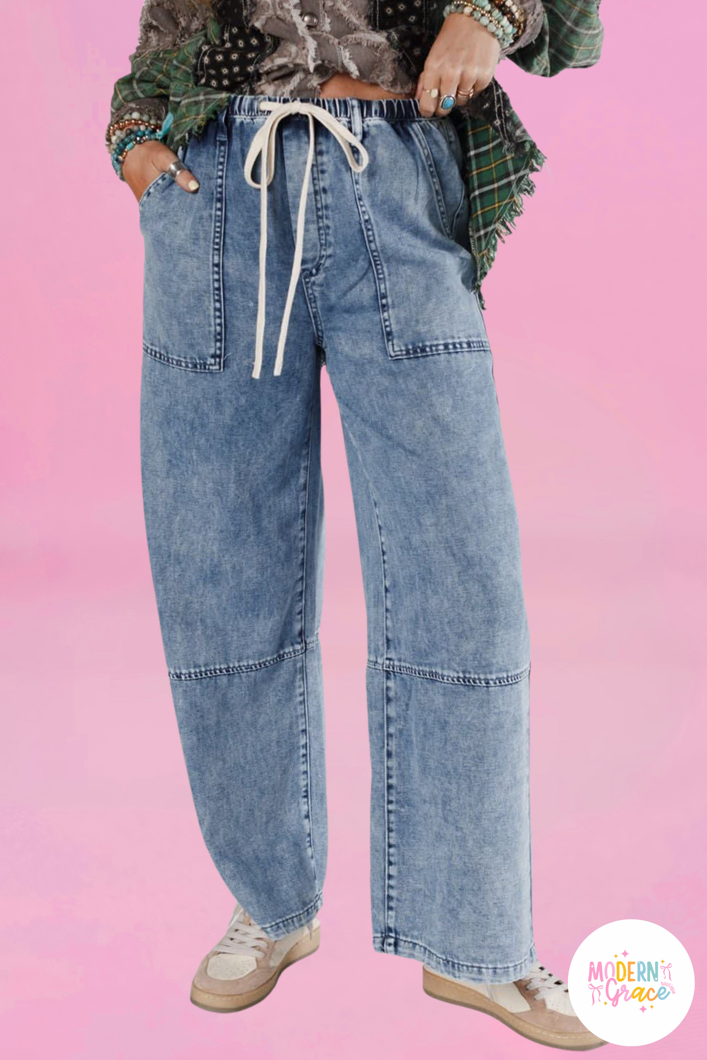Ashleigh Blue Acid Wash Exposed Seam Drawstring Elastic Waistband Jeans (Warehouse Exclusives)