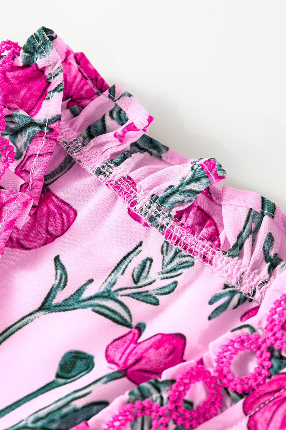 Pink Floral Lace Detail Frilled V Neck Summer Blouse (Warehouse Exclusives)