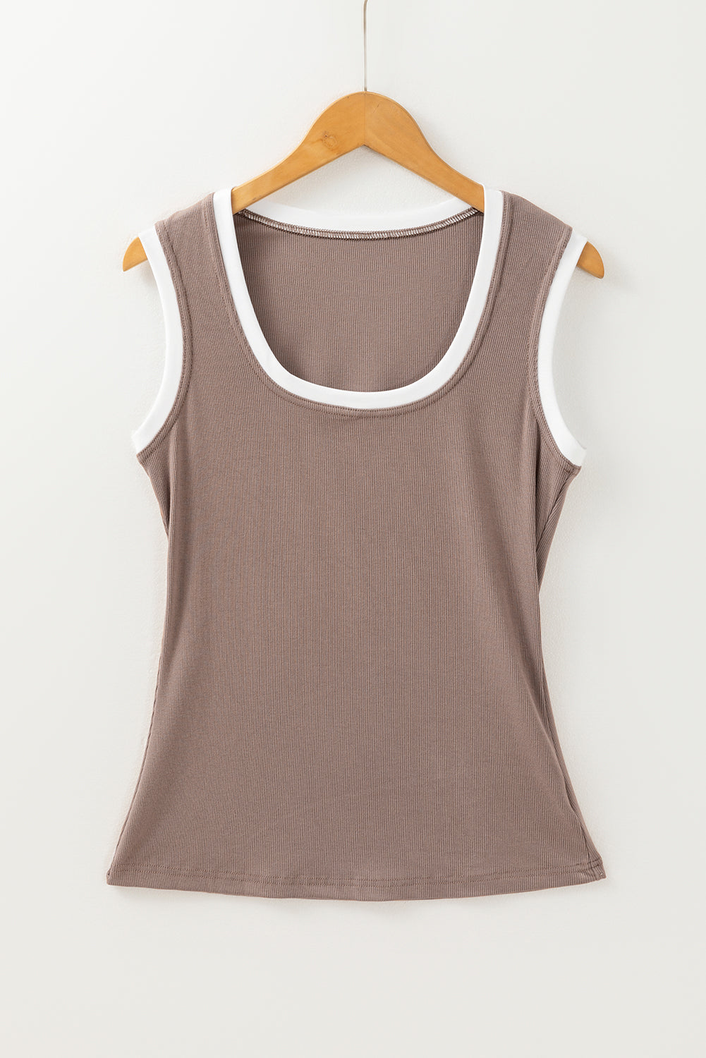 Mocha Ribbed Knit Colorblock Edge U Neck Slim Fit Tank Top (Warehouse Exclusives-Online Only)