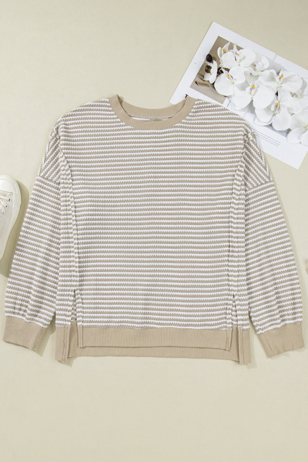 CURVY Brown Stripe Plus Size Breathable Knit Ribbed Trim Long Sleeve Top (Warehouse Exclusives - Online only!)
