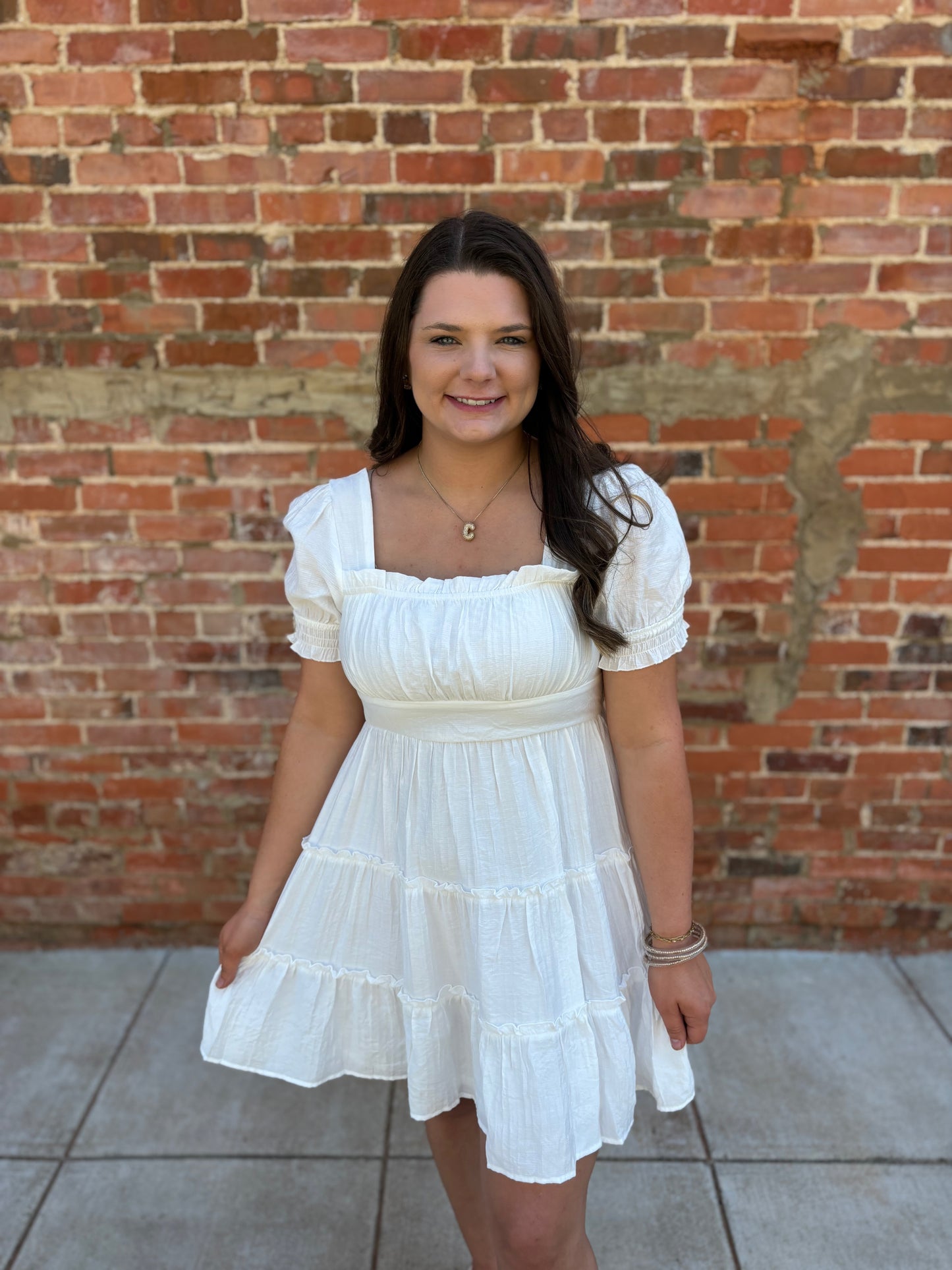 White Square Neck Smocked Detail Tiered Mini Dress
