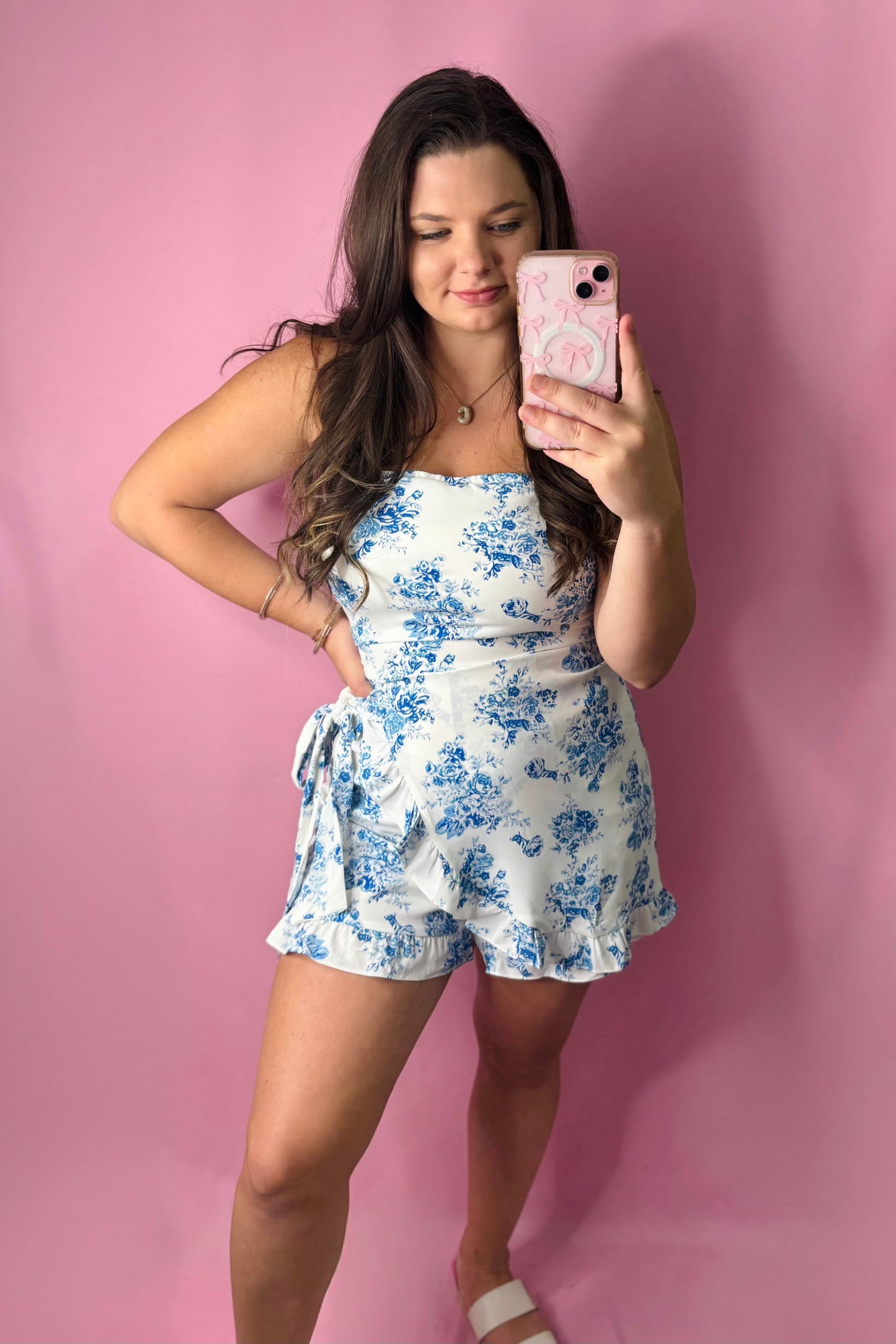 Blue Floral Print Strapless Romper