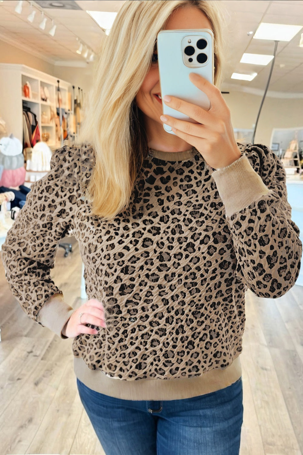 Khaki Leopard Textured Ribbed Trim Plus Size Long Sleeve Top (Warehouse Exclusives)