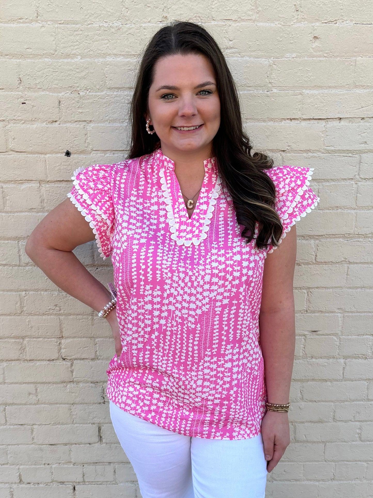 Pink Flutter Sleeve Scalloped Ric-Rac Top