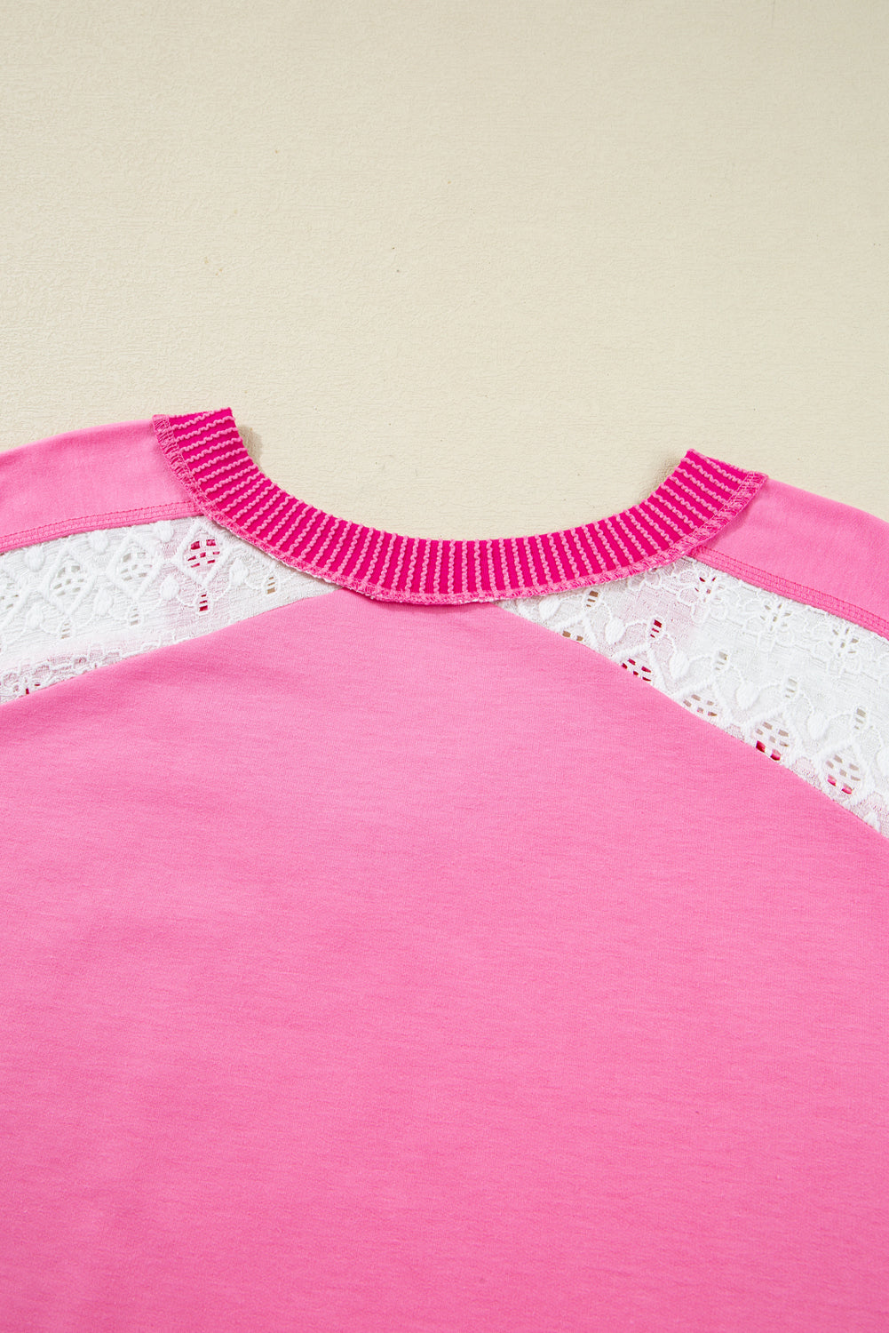 Bonbon Pink Lace Striped Patchwork Long Sleeve Corded V Neck Plus Size Top (Warehouse Exclusives)
