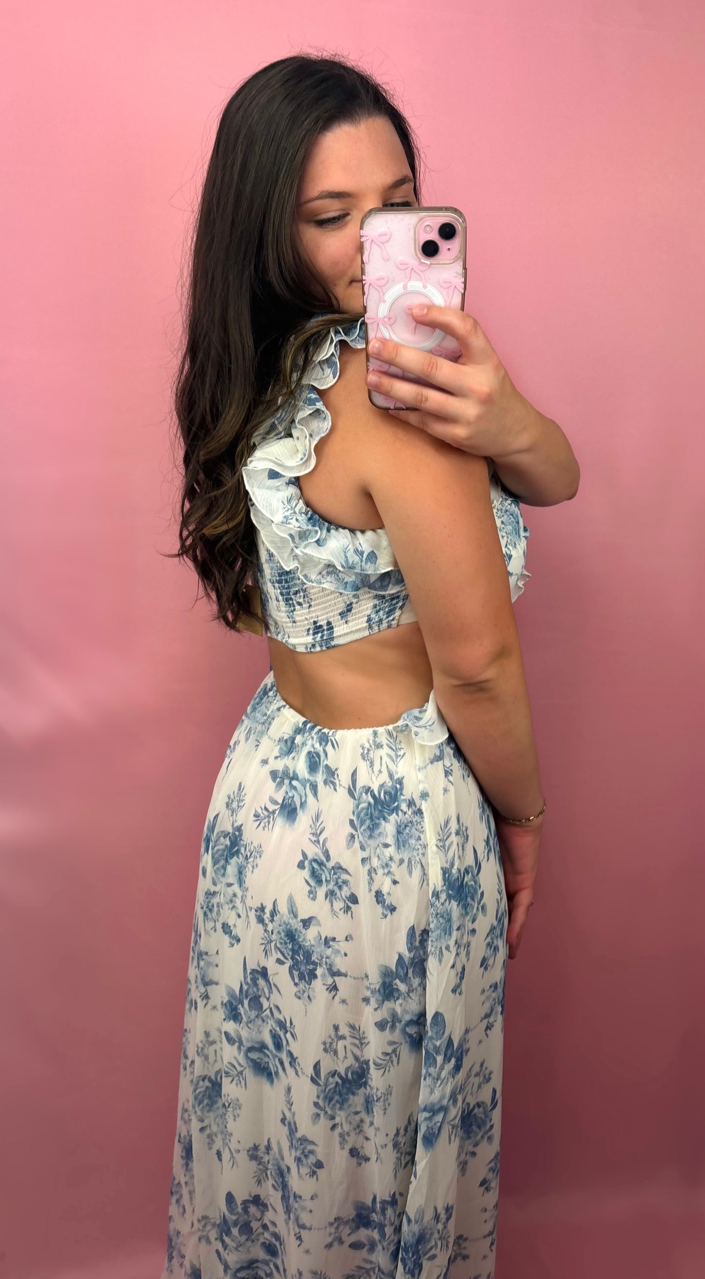 Blue Floral Pattern Ruffle Detail Cutout Midi Dress