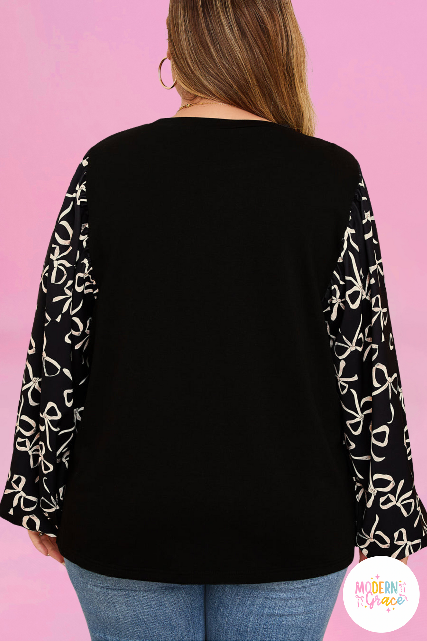 Plus Size Black Bow Knot Patchwork Crewneck Blouse (Warehouse Exclusives - Online only!)