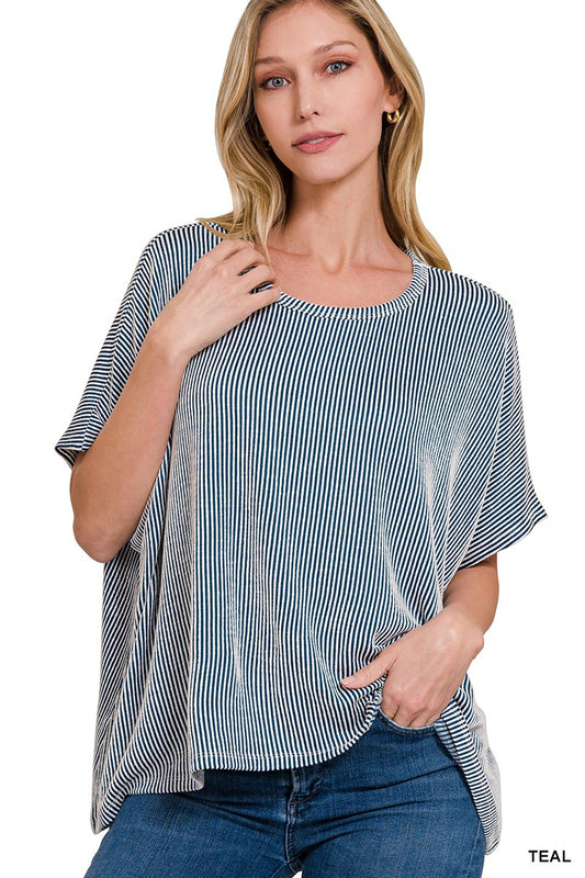 TEAL RIBBED STRIPED OVERSIZED SHORT SLEEVE TOP