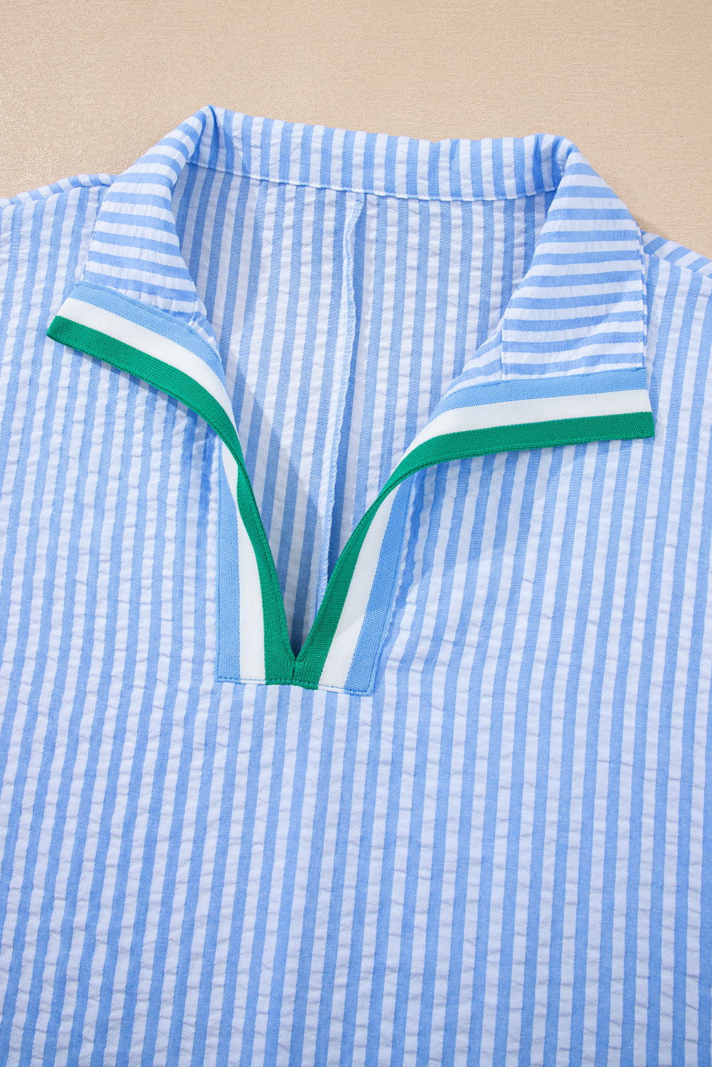 Sky Blue Striped Print Split Neck Blouse (Warehouse Exclusive)
