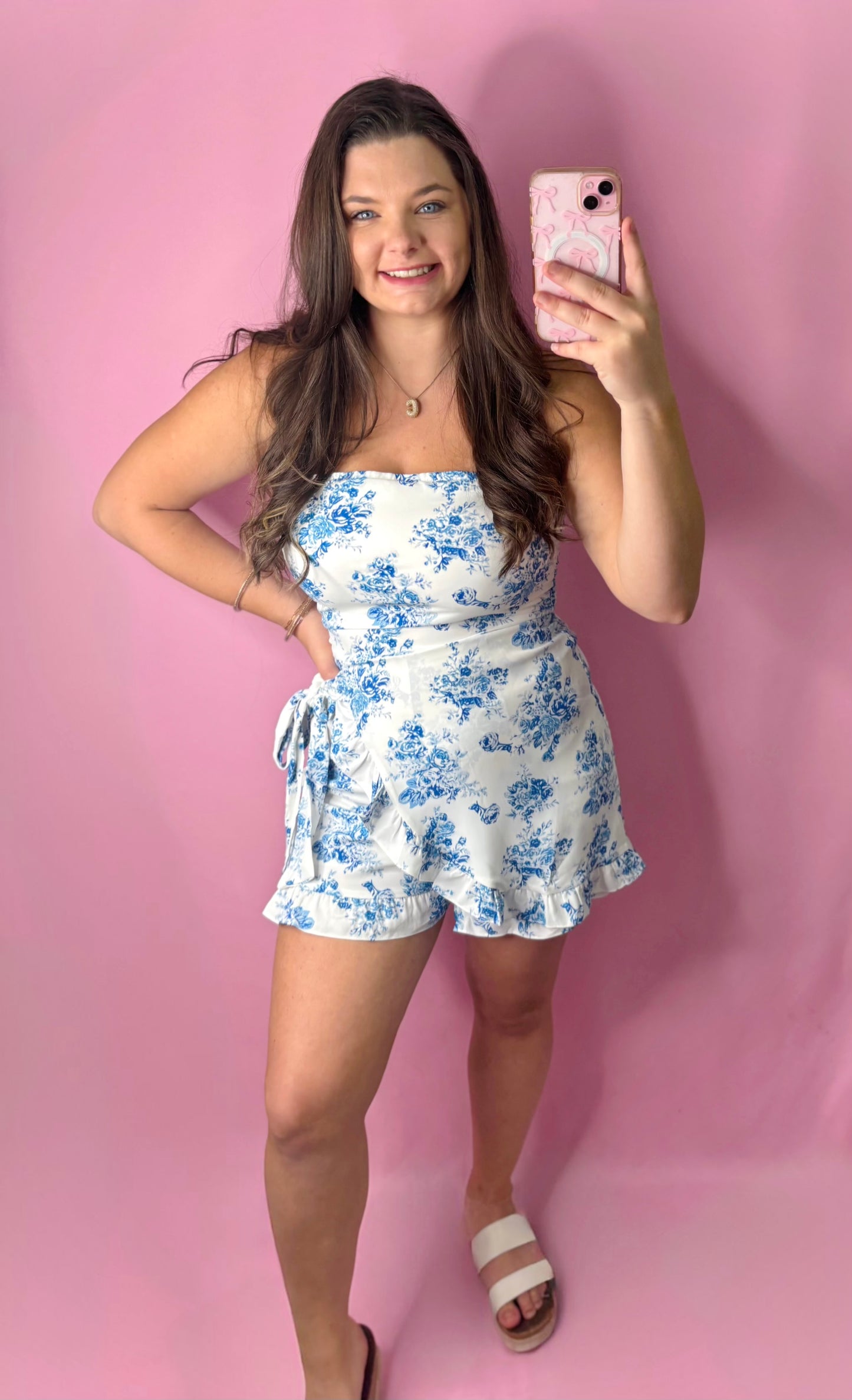 Blue Floral Print Strapless Romper