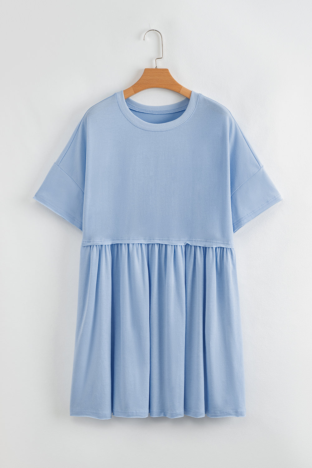 Sky Blue Solid Color Pocketed Raw Edge Babydoll Dress (Warehouse Exclusives)