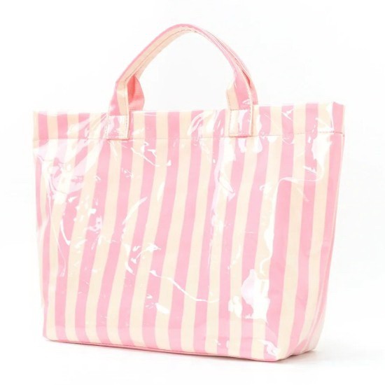 Large striped vinyl tote bag from Modern Grace featuring bold horizontal stripes and sturdy handles.