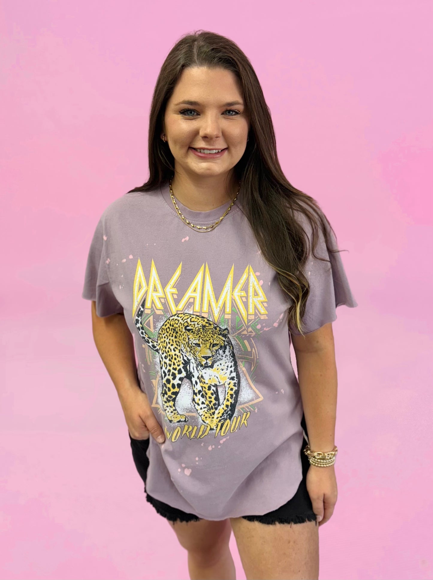 Dreamer World Tour Cheetah Graphic Bleached Top