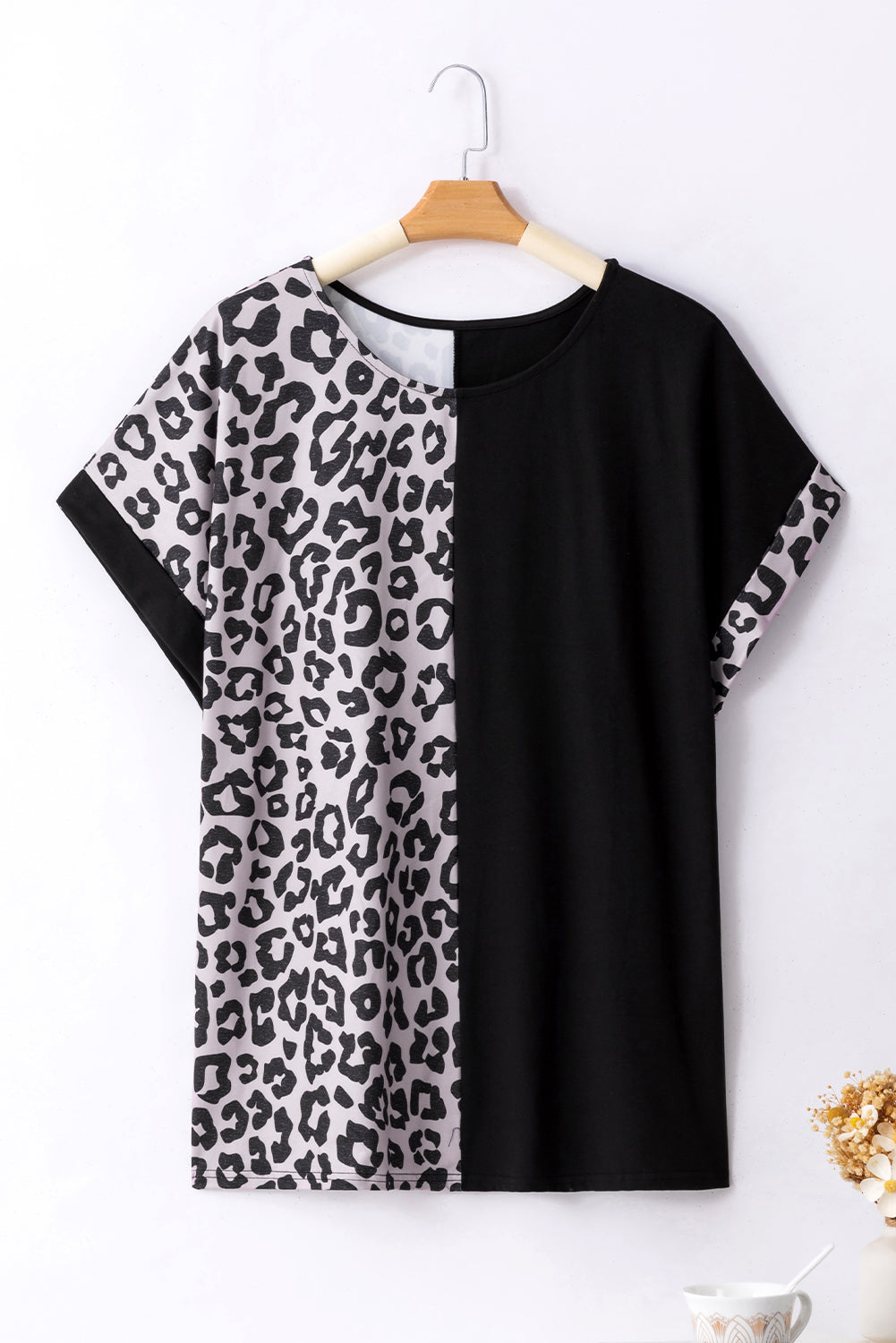 CURVY Black Half Leopard Patchwork Plus Size T-shirt (Warehouse Exclusives - Online only!)