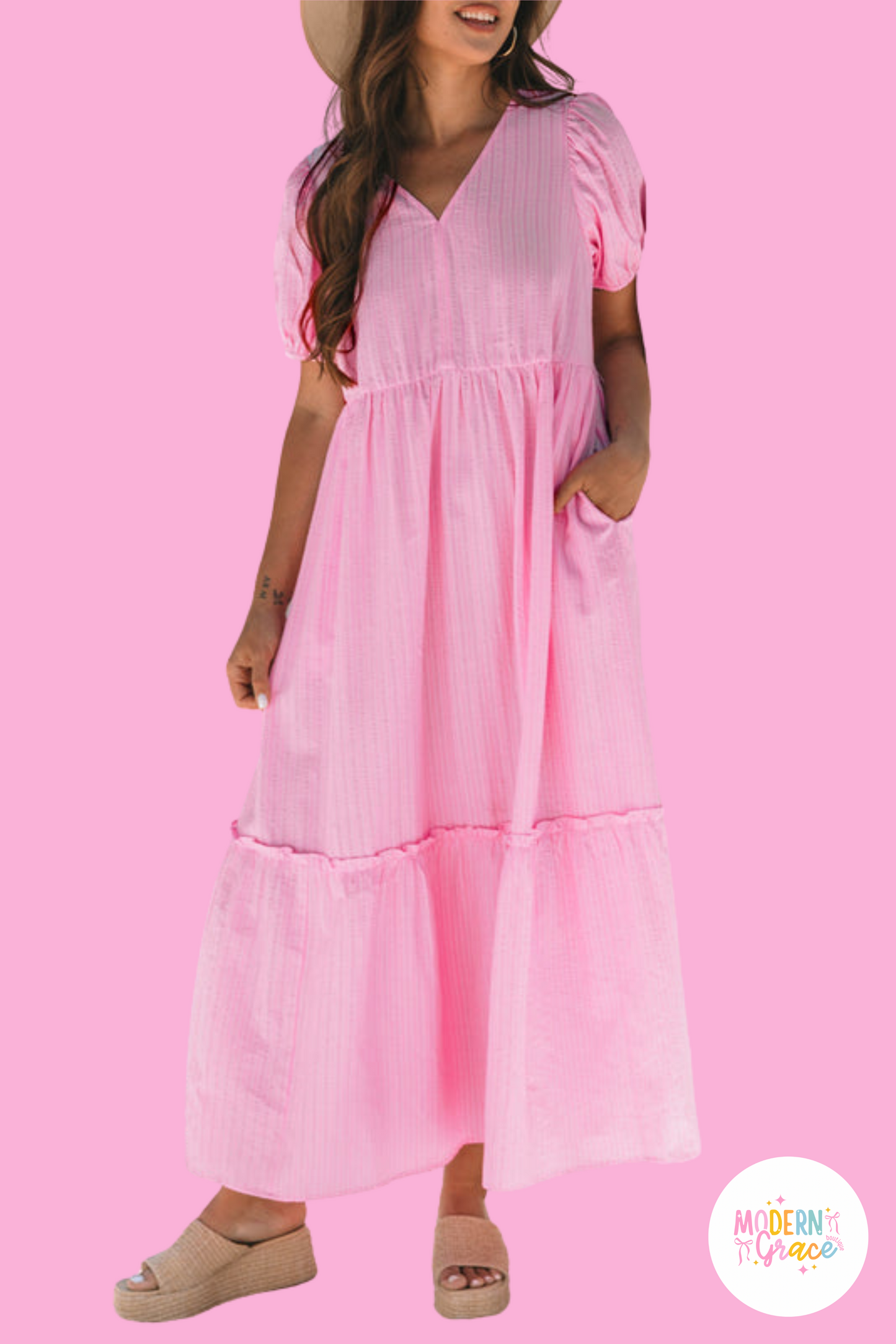Pink Stripe V Neck Puff Short Sleeve Maxi Dress